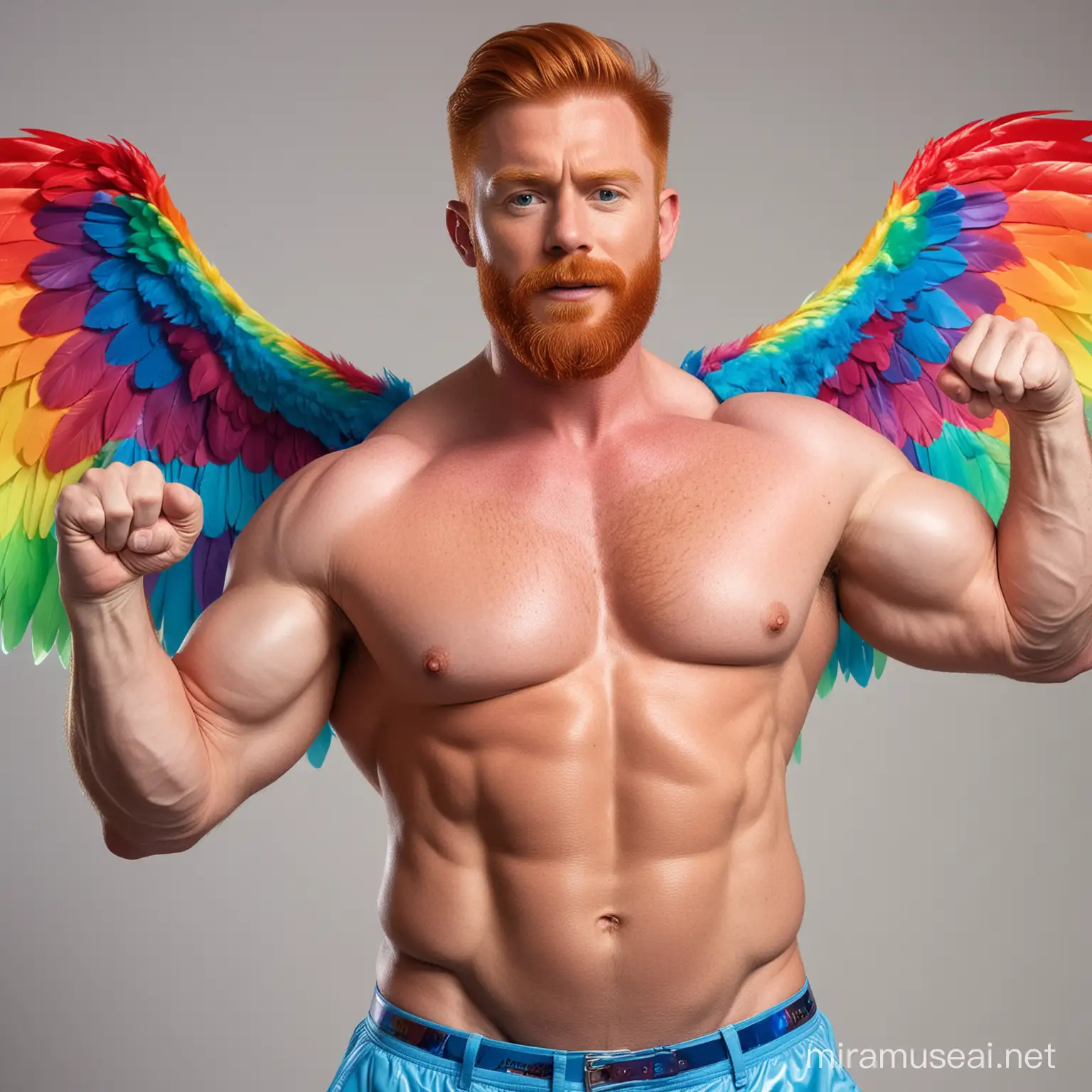 Muscular Redhead Bodybuilder Flexing Arm in Vibrant Rainbow Jacket with Eagle Wings and Doraemon