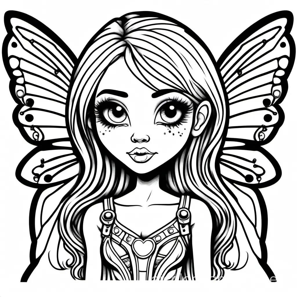 an adult coloring page that is very detailed of a cute round big faced, big eyes punk rockstar style fairy. Put the fairies wings on her back., Coloring Page, black and white, line art, Ample White Space. The outlines of all the subjects are easy to distinguish,, Coloring Page, black and white, line art, white background, Simplicity, Ample White Space. The background of the coloring page is plain white to make it easy for young children to color within the lines. The outlines of all the subjects are easy to distinguish, making it simple for kids to color without too much difficulty