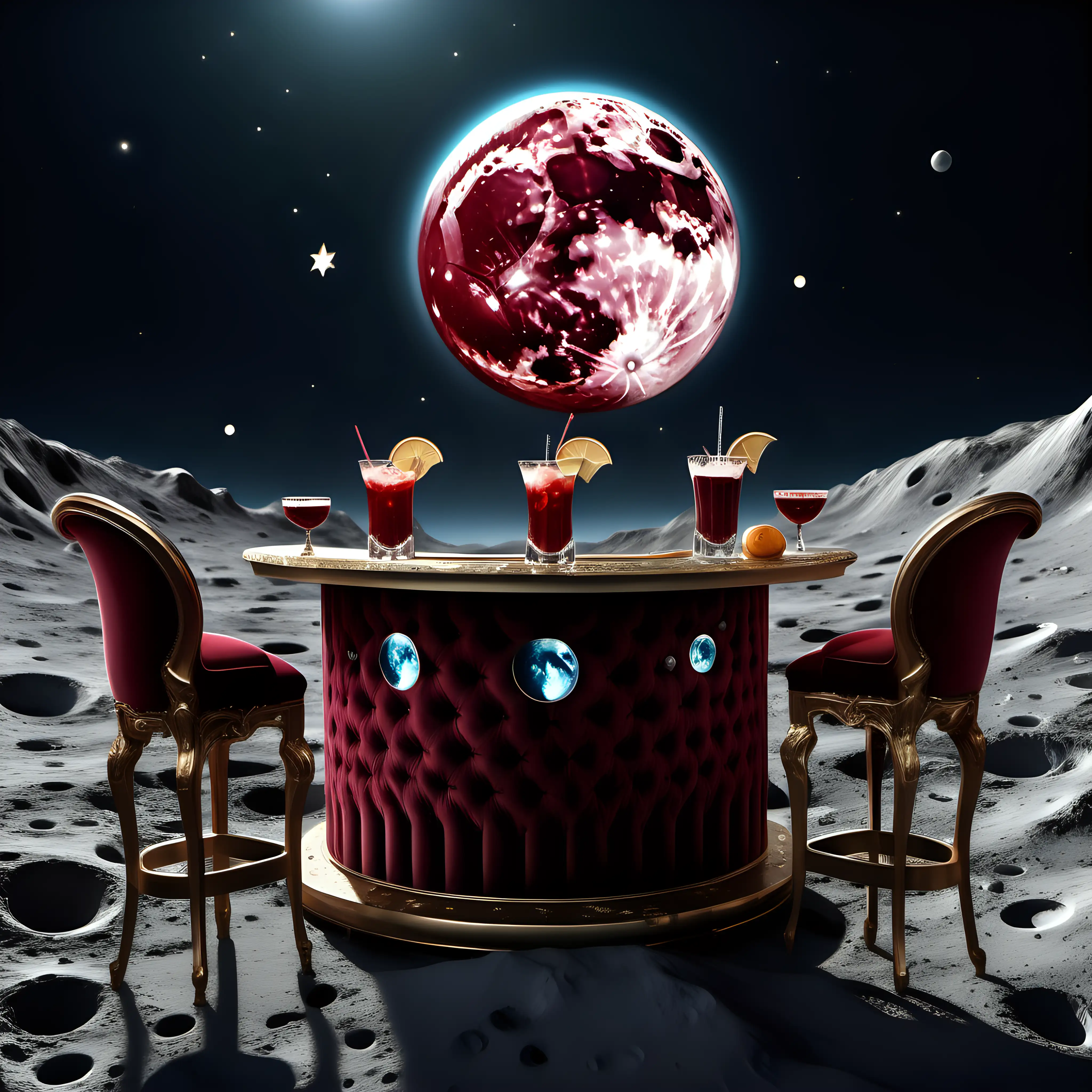 a cool bar, dark red velvet, beautiful glasses with drinks, cool baroque style chairs, on the surface of the Moon with visible craters and a stars in the sky, hyper realistic images
