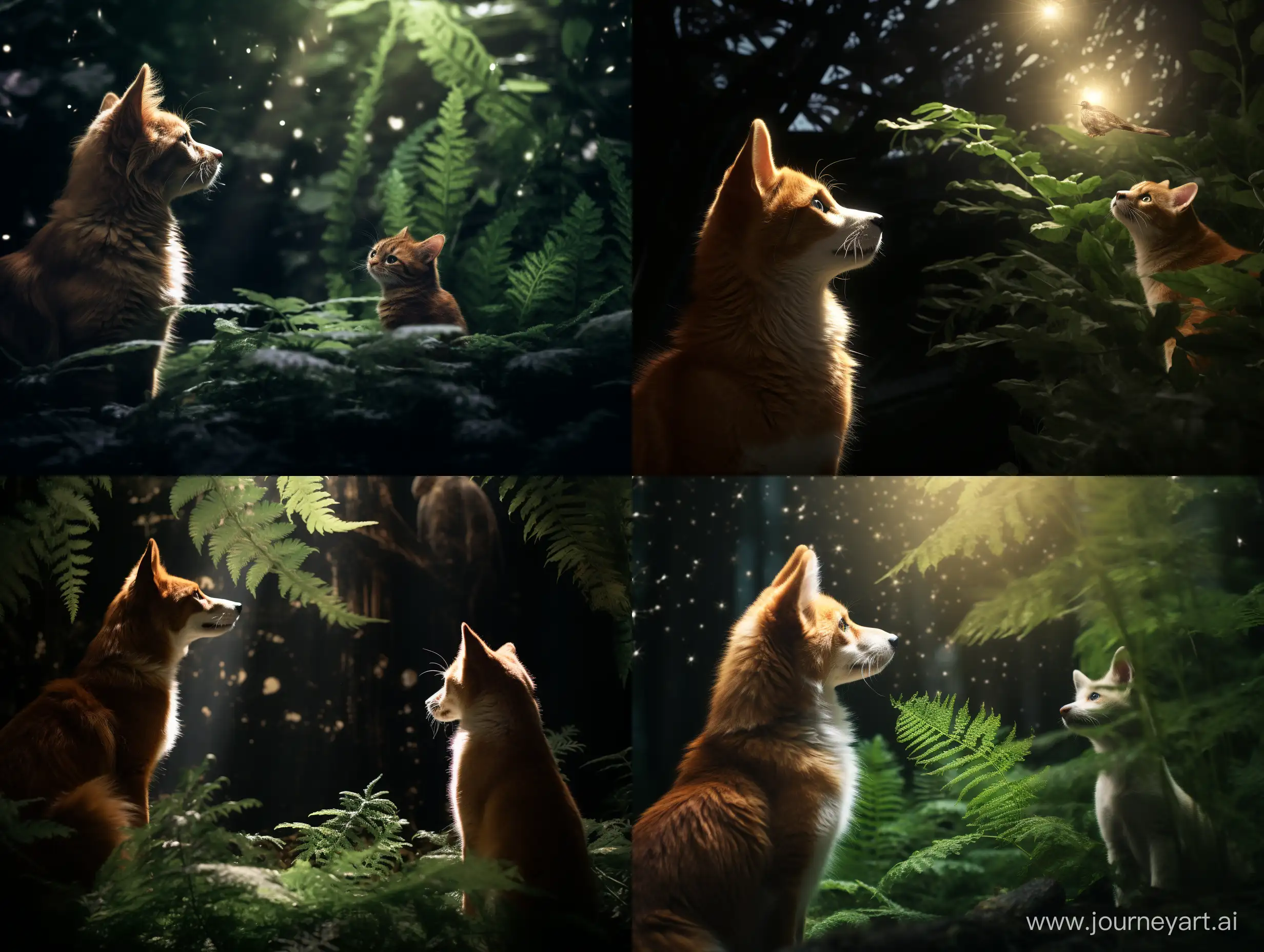 Enchanting-Glowing-Scene-in-High-Fern-Captures-Forest-Cat-and-Foxs-Curiosity