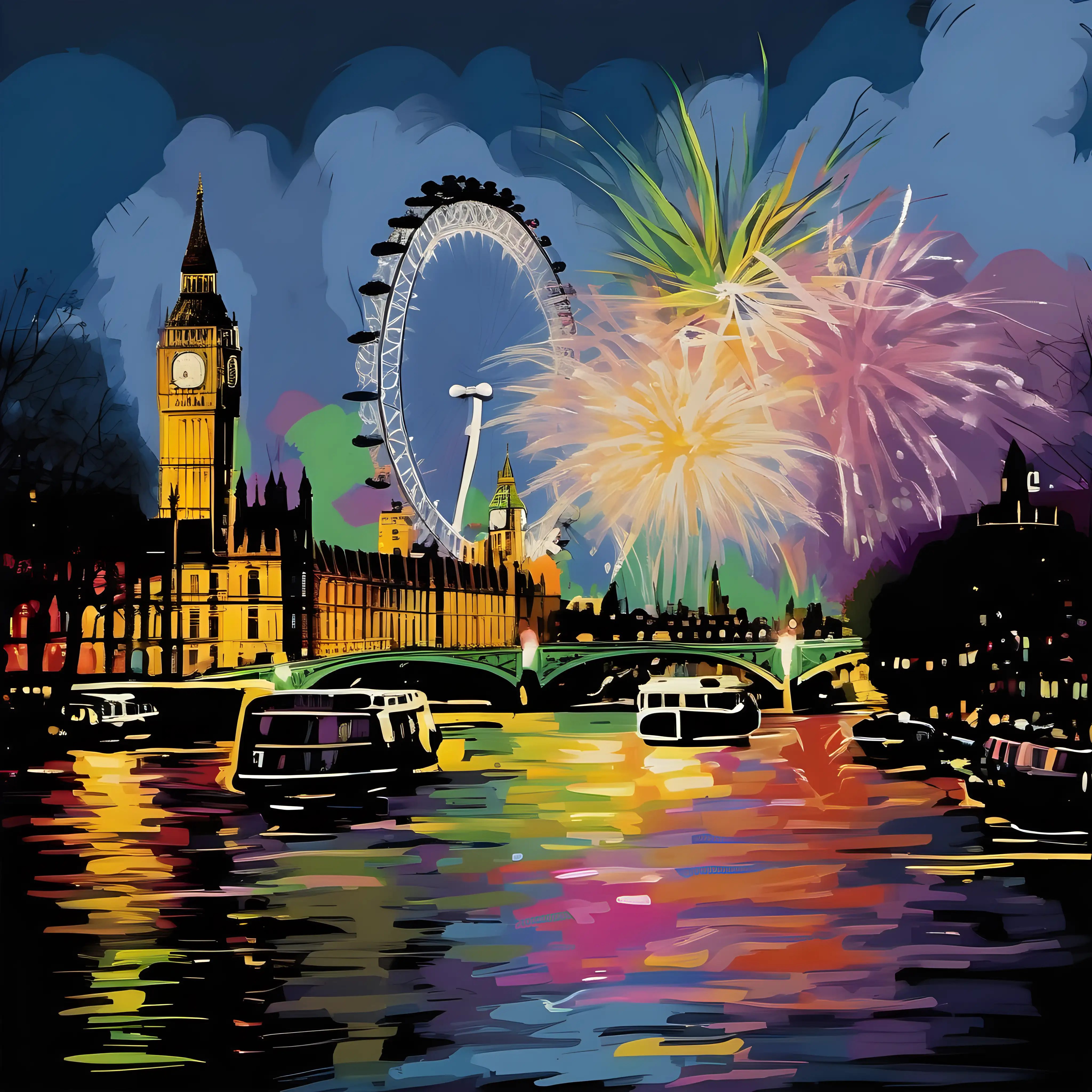 New Year's Eve fireworks, colourful, jubilant, breathtaking, dynamic, high contrast Over the London Eye, on Pop art picture, Brush painted picture,