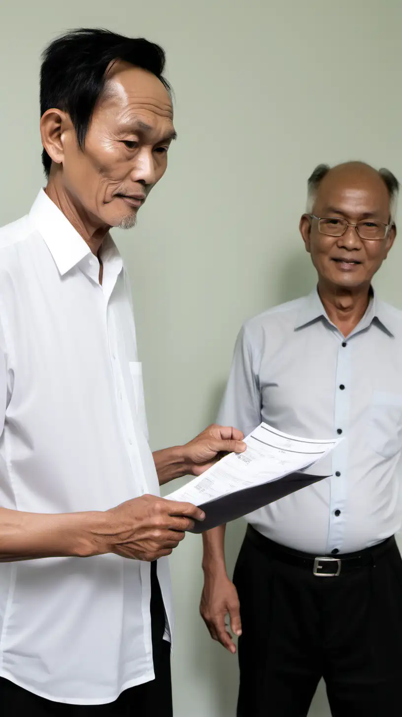 a 60 year old south east asian man with skinny figure, black short thin sleek hair, full face big forehead, wearing white button up shirt and black pants. Handing documents to another 60 year old south east asian man with skinny figure, black short thin sleek hair, full face big forehead, wearing white button up shirt and black pants.