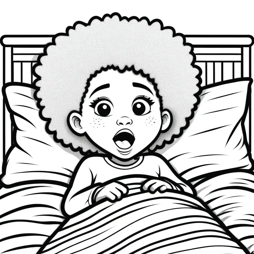 kids colouring page, simple lines, 6 year old girl, laying in bed , yawning, african-american, afro