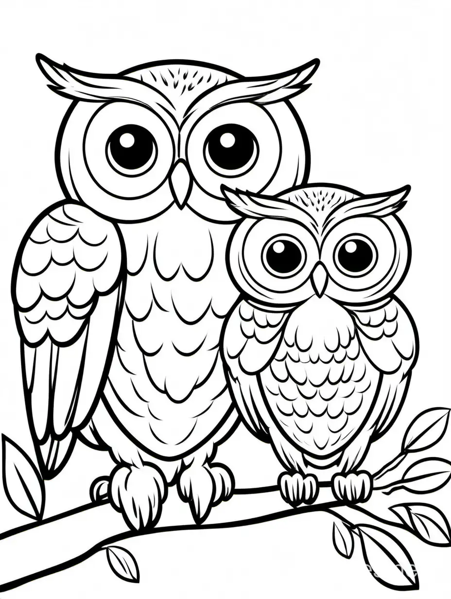 cute Owl with his baby  for kids, Coloring Page, black and white, line art, white background, Simplicity, Ample White Space. The background of the coloring page is plain white to make it easy for young children to color within the lines. The outlines of all the subjects are easy to distinguish, making it simple for kids to color without too much difficulty