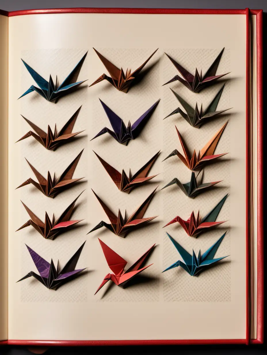 front aligned view of the narrow border of small designs on a blank book covered in leather in the theme "origami crane"