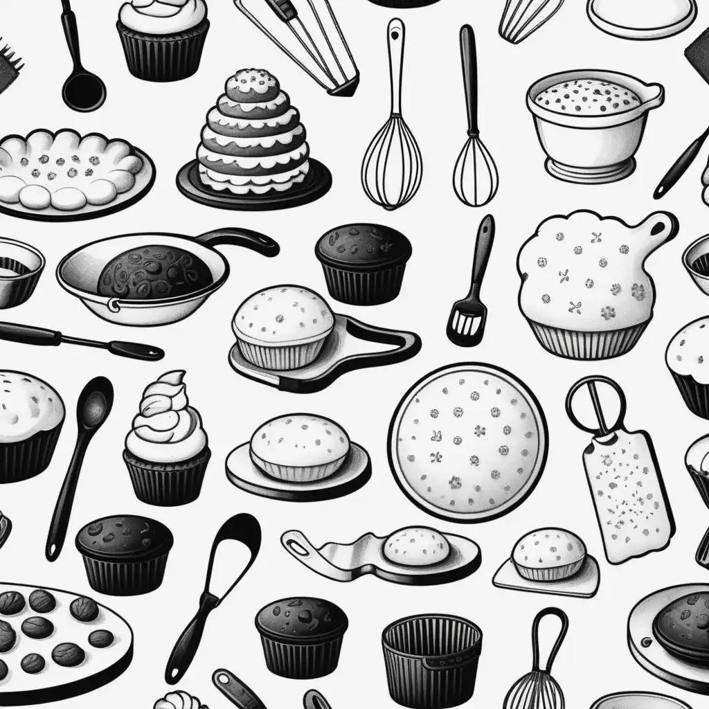 cartoon black and white baking accessories with white background