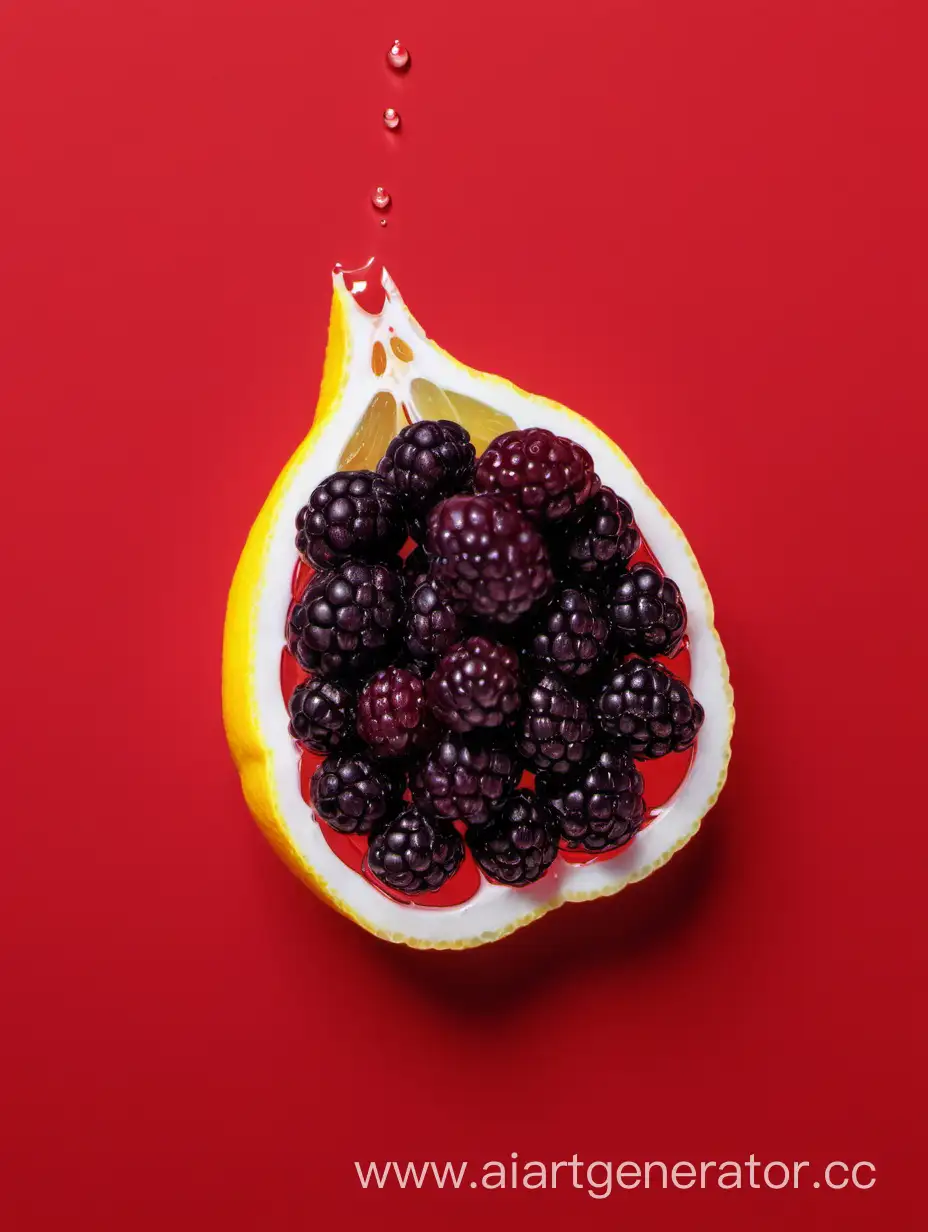 Boysenberry-and-Lemon-Slices-Water-Drop-on-Vibrant-Red-Background