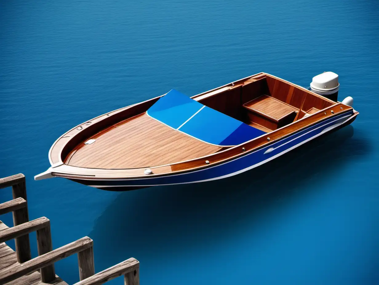 Un bateau vedette brun et bleu, accosté à un quai en bois sur une mer bleue, haute résolution, 1410 pixel par 1200 pixel