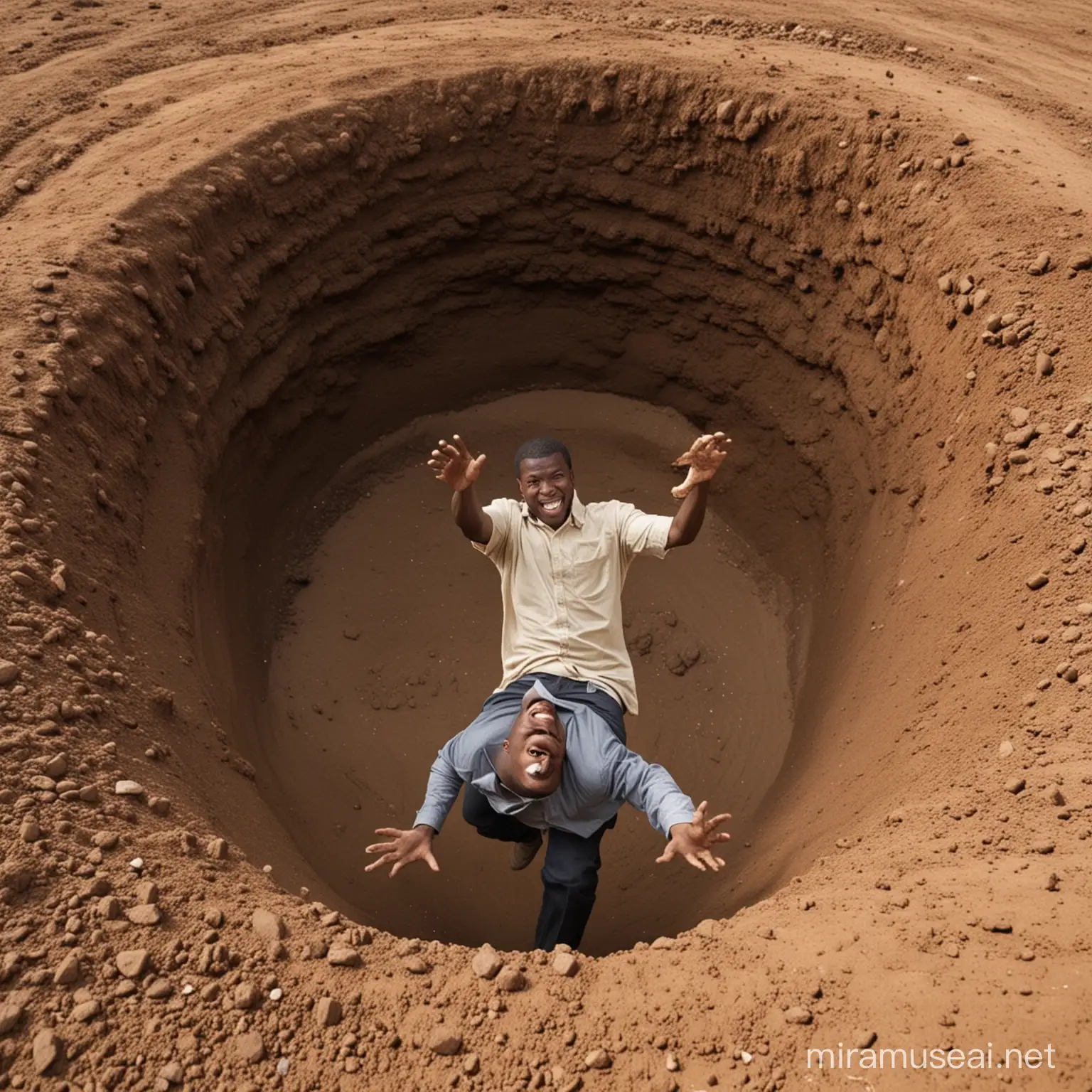 Black man in a  deep hole while  Caucasian person kick dirt in a hole 