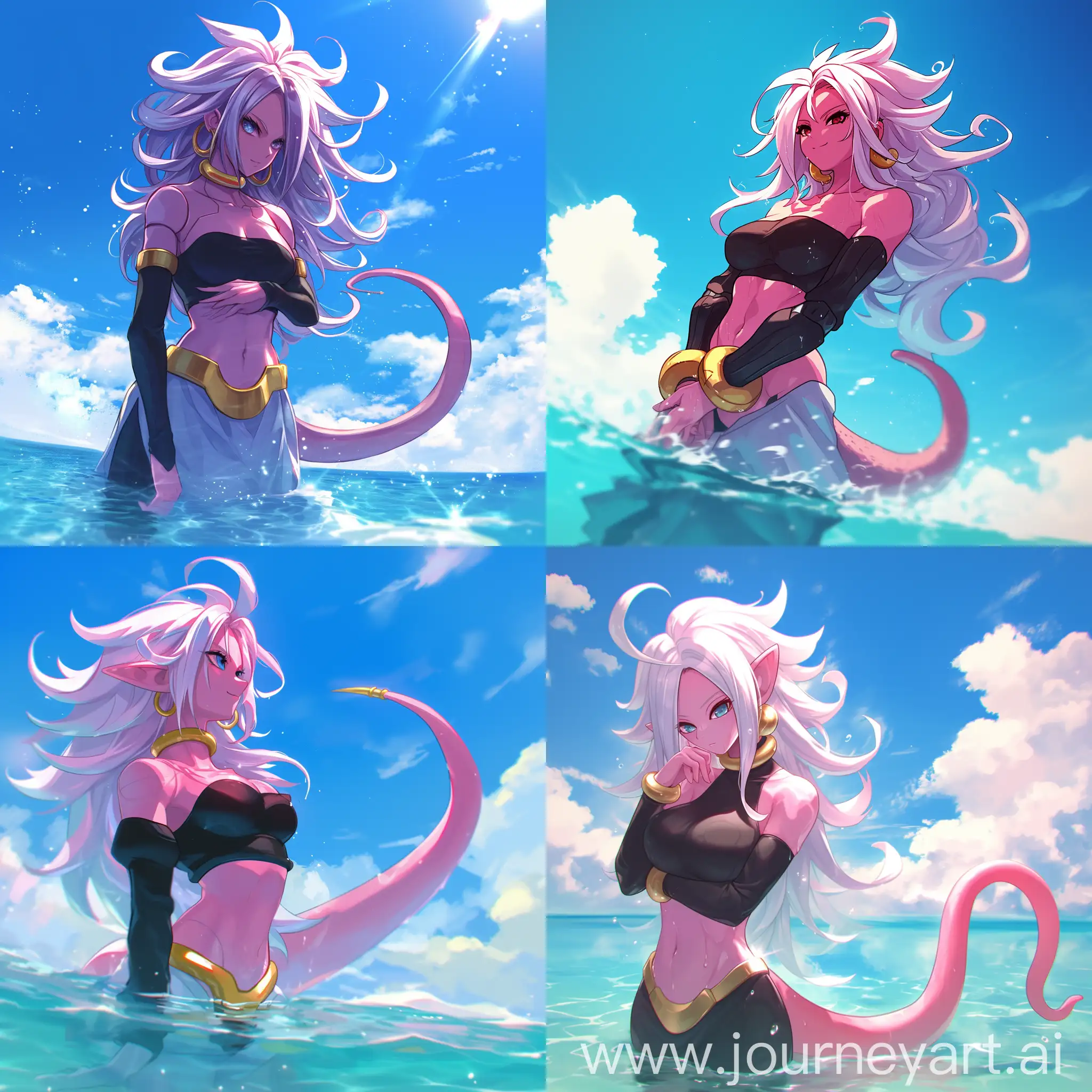 Majin android 21 standing in water, sunny day, art --niji 6