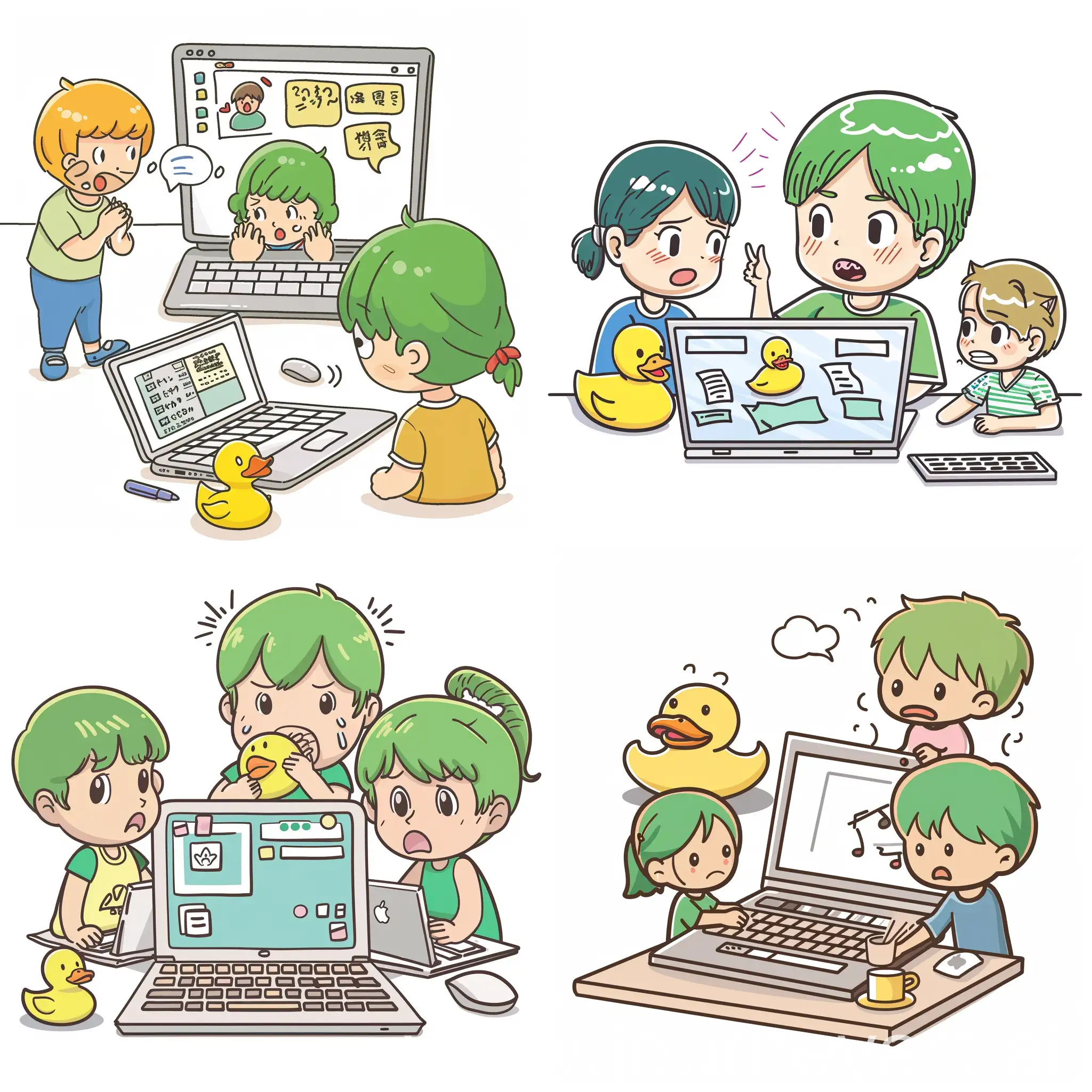 three students, chatting, classroom, highly detailed photo, sharp details, realistic, 4K, RAW photo, lively atmosphere, natural lighting, diverse expressions, clear background. very simple 2d vector toddler's cartoon outline doodle of green-hair person looking at laptop scratching head, being confused, rubber duck is visible on computer screen, a cat laying on keyboard, white background, infographic style --v 6

Negative prompt: Keywords: nude, disfigured, bad art, deformed, deformed fingers, deformed hands, 6 or more fingers, poorly drawn, extra limbs, weird colors, blurry, blurred image, watermark, cropped head, cropped, sketch, drawing, painting, weird face features, weird expressions, wrong face features, deformed eyes, deformed face features, bad eyes coordination, wrong coordination.