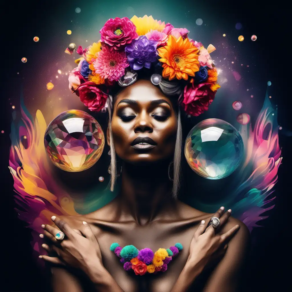 abstract exotic ABSTRACT halo, floating crystal orbs ,FEMALE Model with son and daughter with soft colorful flowers the colors leak into her hair and crown. add 3 crystal balls floating in the air add tattoos on her arms and shoulder
