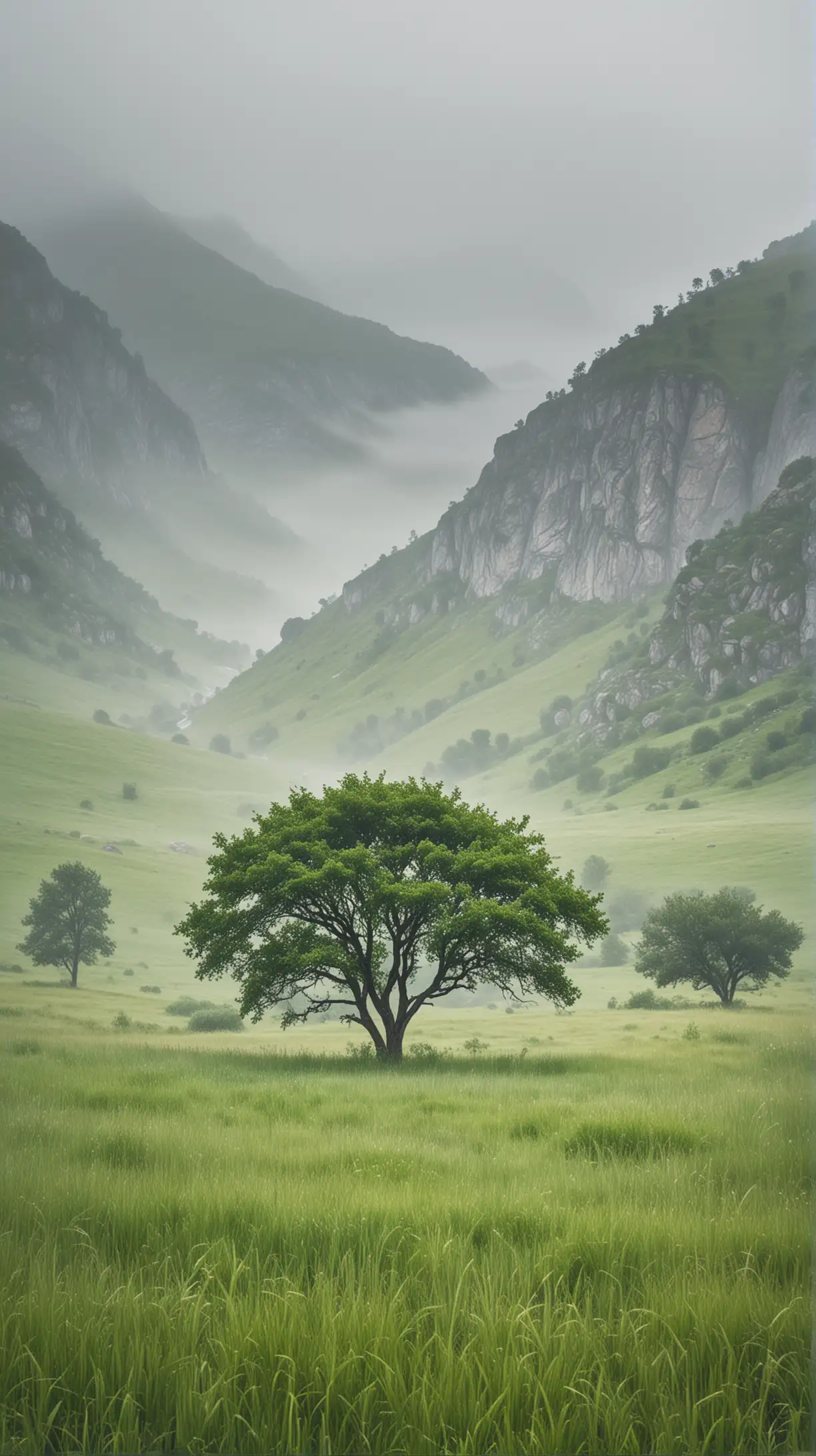 View from distance of a lush green tree standing on the left in a green high grass meadow nestled among misty rocky  mountain range, foggy grey day rain, photography style