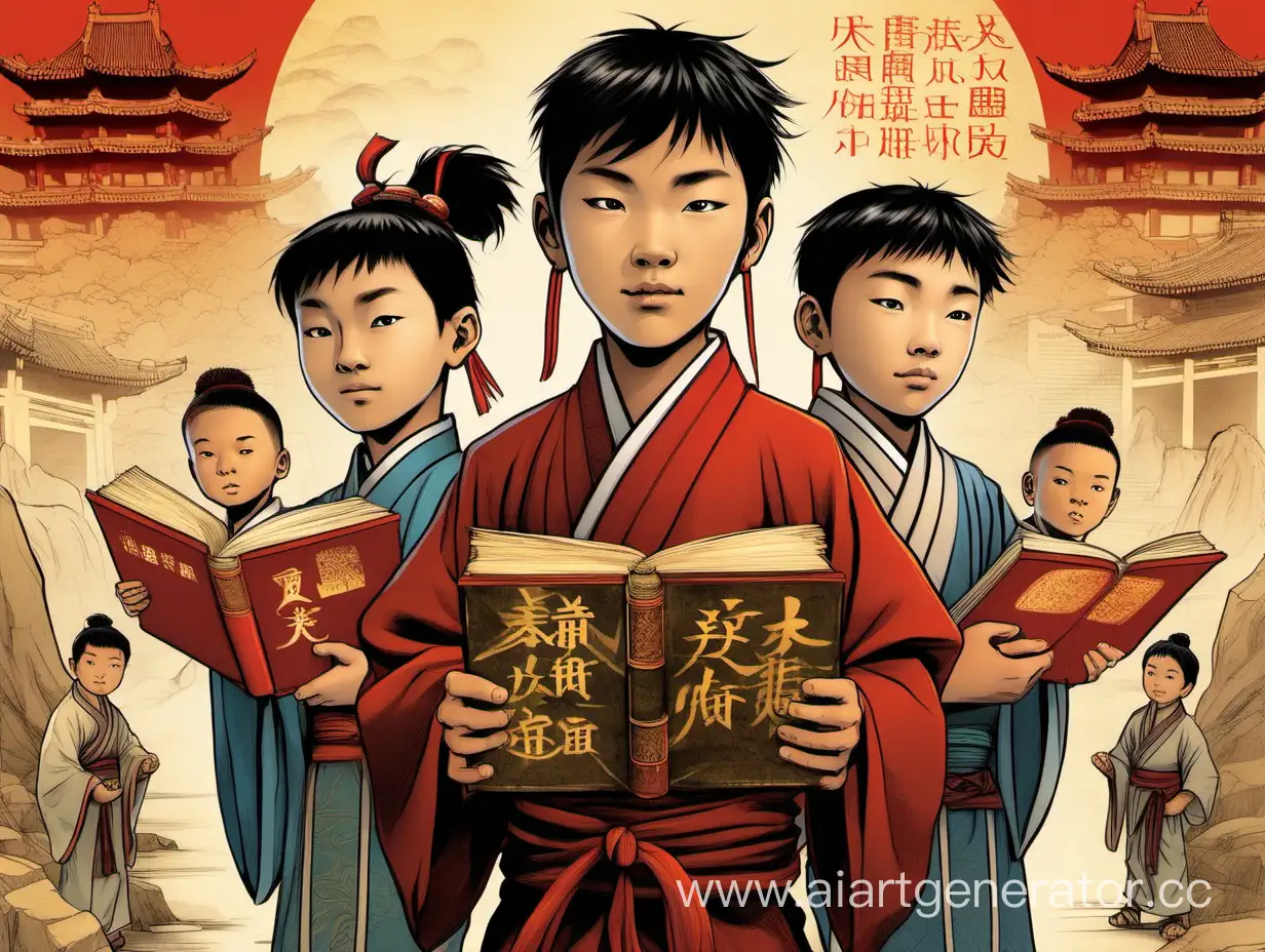 Обложка для книги "Путешествие в Древний Китай". В середине изображен мальчик европейской внешности с книгой в руках, по краям стоят два мальчика японца, а их окружает Древний Китай