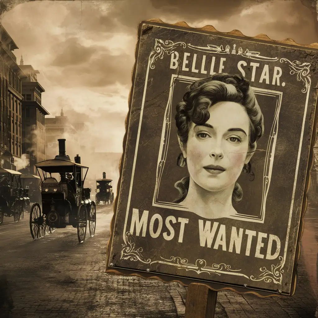 Vintage photograph, late 1800s, street of a big city in North America, the infamous Belle Star’s face is depicted on a placard with the text “MOST WANTED “, white details, steampunk, anachronistic