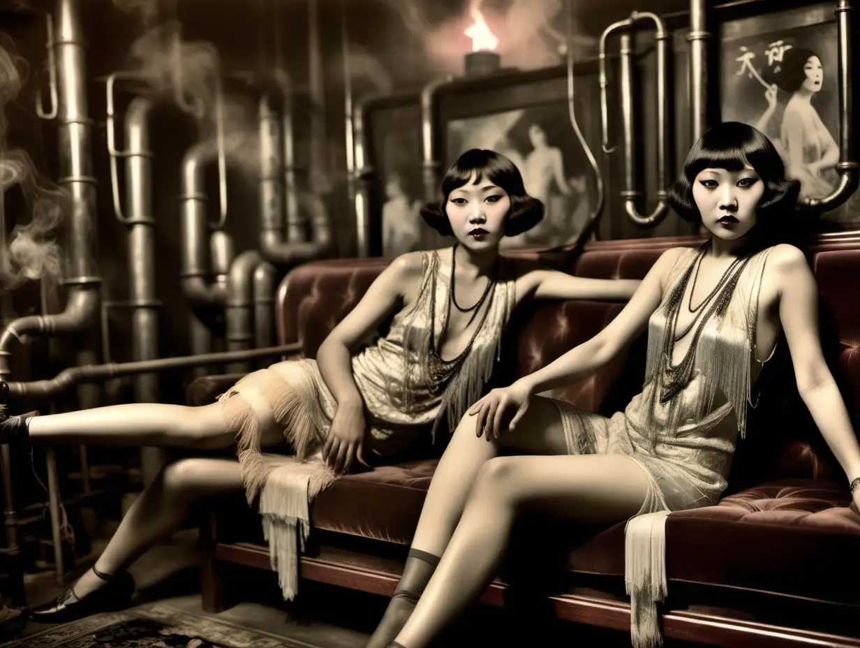 photographic portrait, 1920s: two Chinese flapper girls sitting side by side on a lectus couch: with pipes in a smoky opium den,  crowded with underworld figures in background, Chinese girls in short sensual silk dresses, low angle, anatomically correct, decadent Shanghai underworld, art photography, patina of photo slightly aged