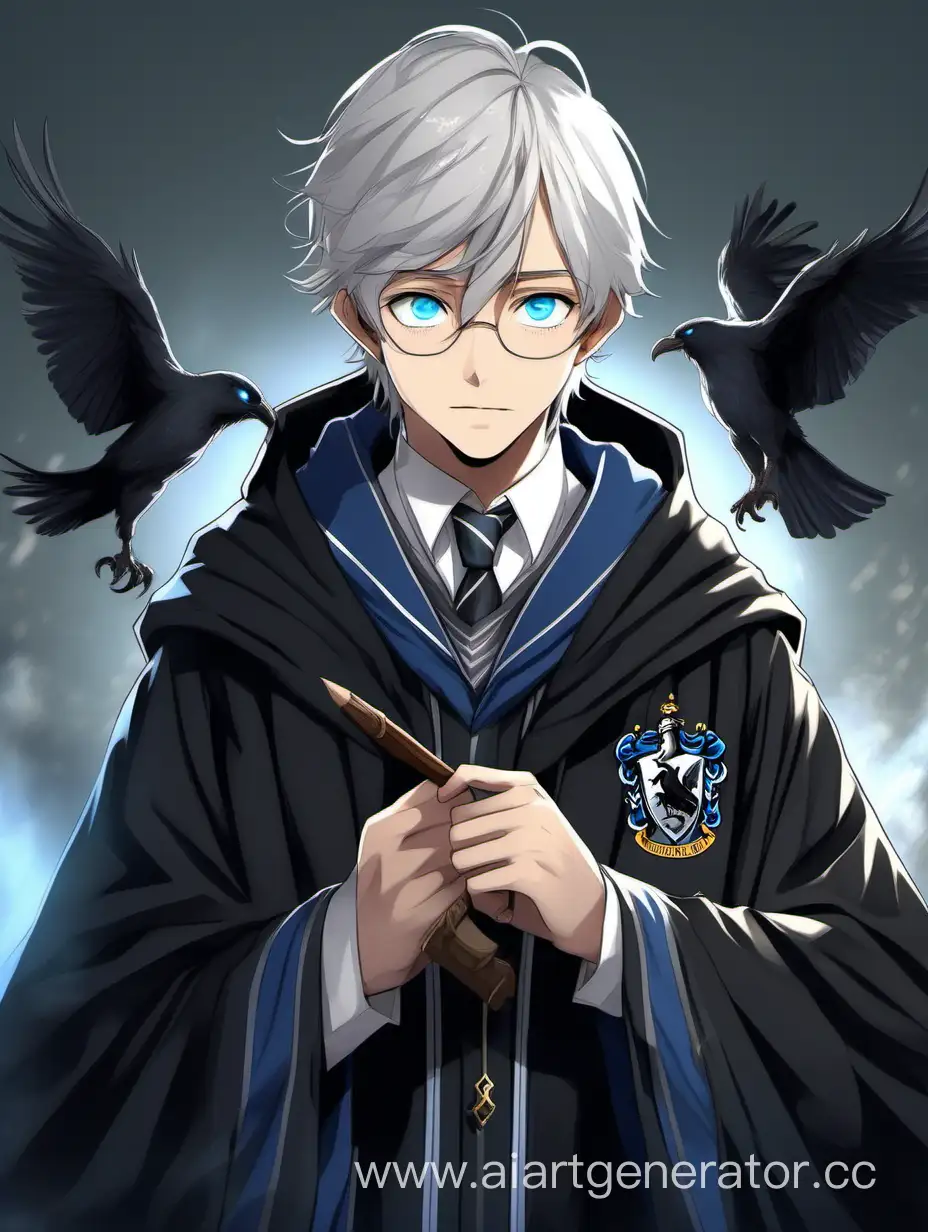  schoolboy, cool boy, wearing a Hogwarts black robe, heraldic ravenclaw on  robe, with blue eyes, white hair, and an English appearance. high quality and resolution, . Place him within Hogwarts to capture the atmosphere and intricate surroundings, 1boy, realistic, HD, 4k, standing,<more_details, beautiful eyes,