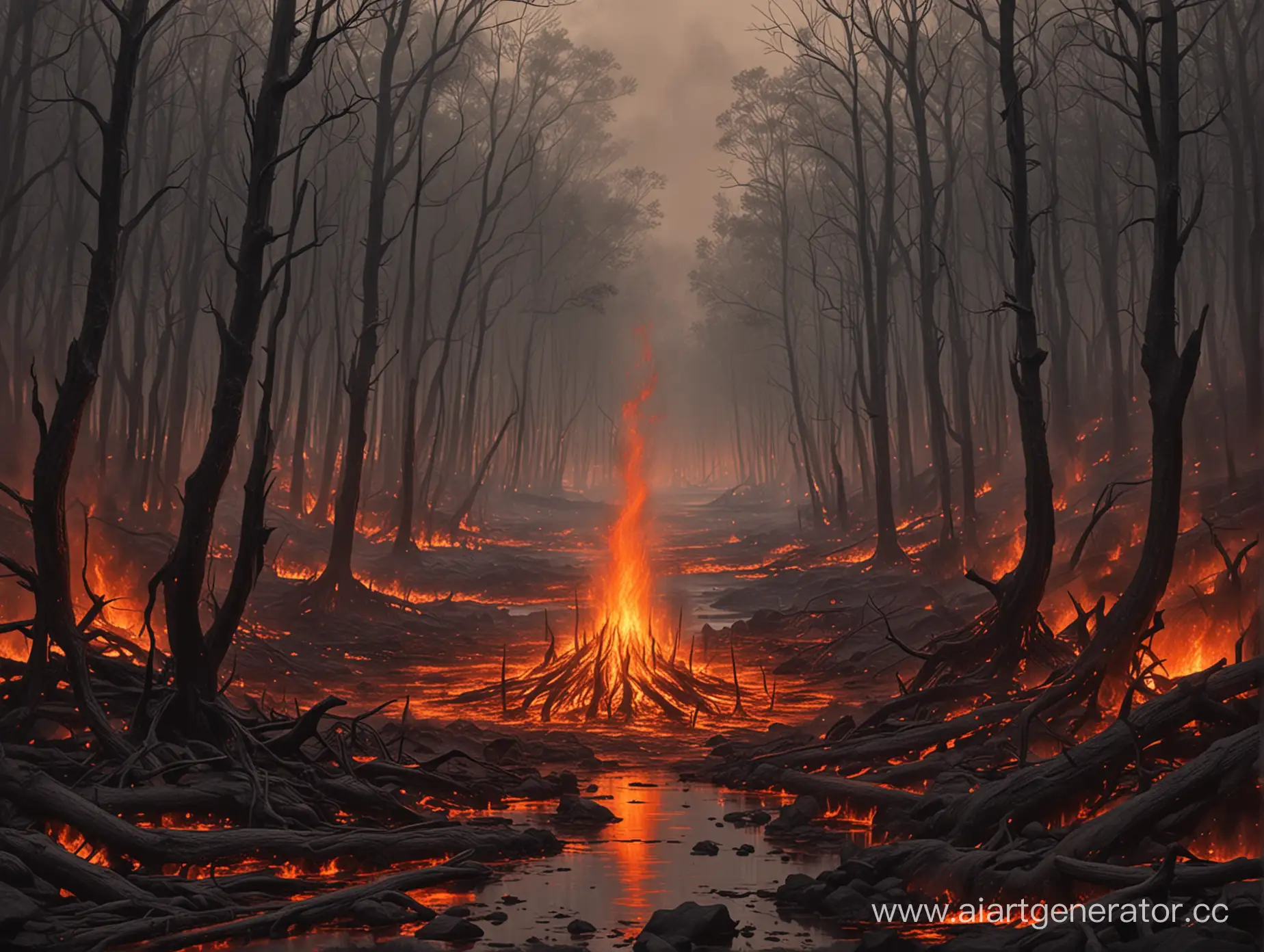 нарисую мне адский лес в аду где деревья обгорелые а рядом м лесом озеро лавы 