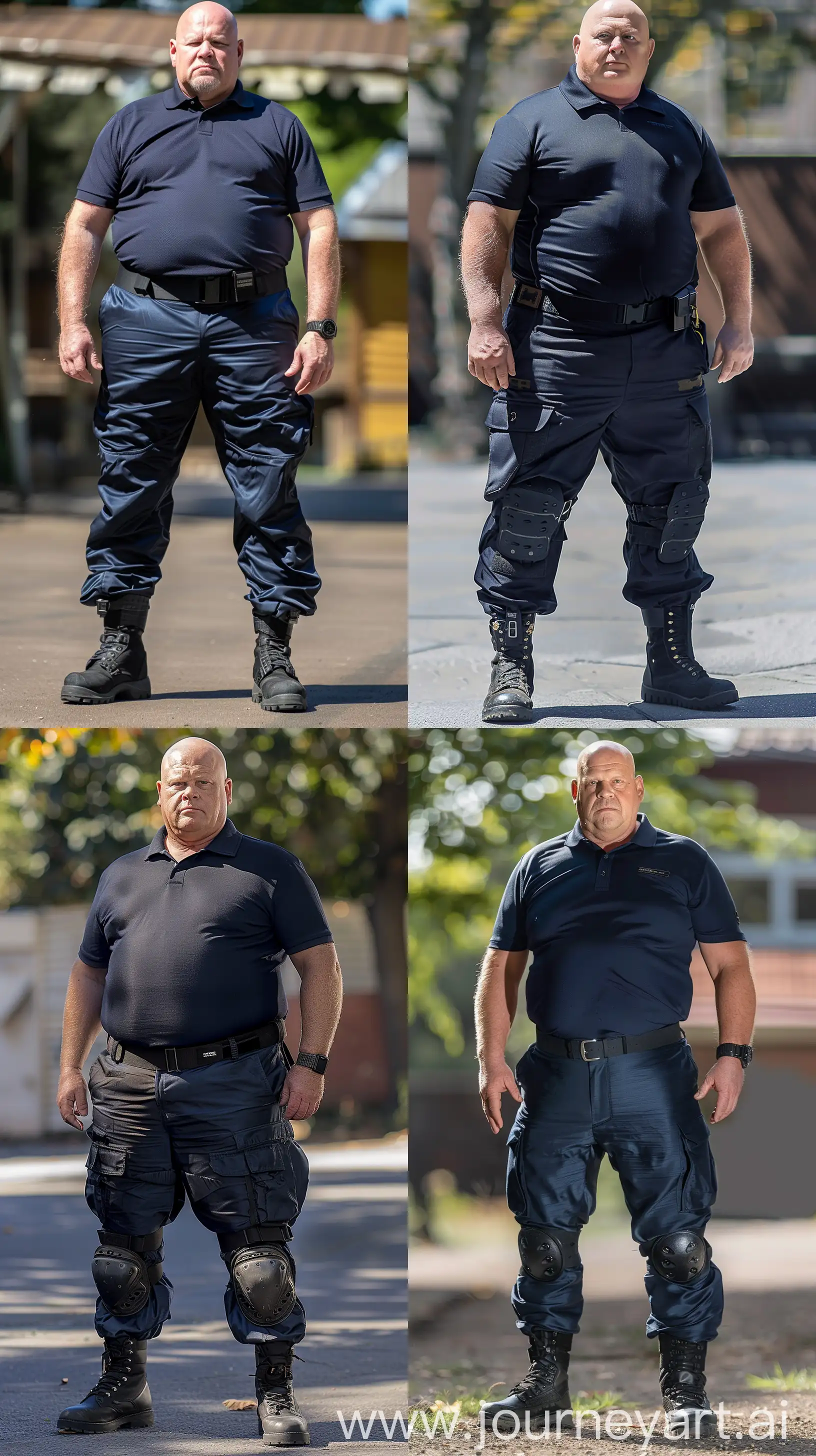 Close-up full body front view photo of a very fat man aged 60. The man is wearing extremely slim silk navy battle pants tucked in black tactical boots, he has a tucked in silk navy sport polo shirt and a black tactical belt. Standing. Outside. Bald. Clean Shaven. Natural light. --ar 9:16