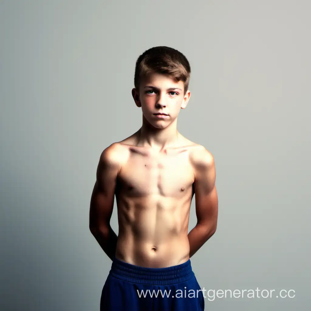 A 13-year-old guy without a T-shirt pumped up