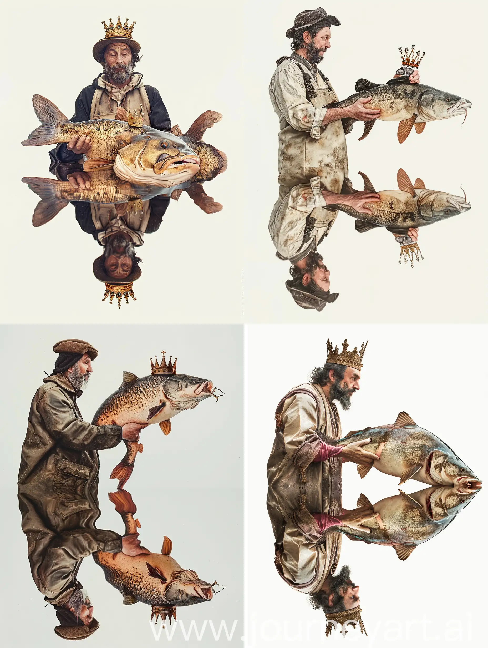 a man in fisherman's clothes holds a catfish fish with a crown on the head of a fish, reflected vertically, on a white background, style by Storybook illustration