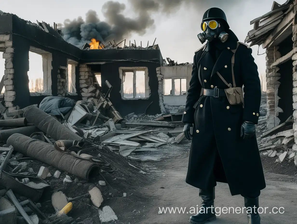 a Russian soldier, in a black overcoat, wearing a black army helmet and a gas mask with yellow lenses, black leather boots on his feet, black gloves on his palms, an AKM in his hands, and he stands at the destroyed houses