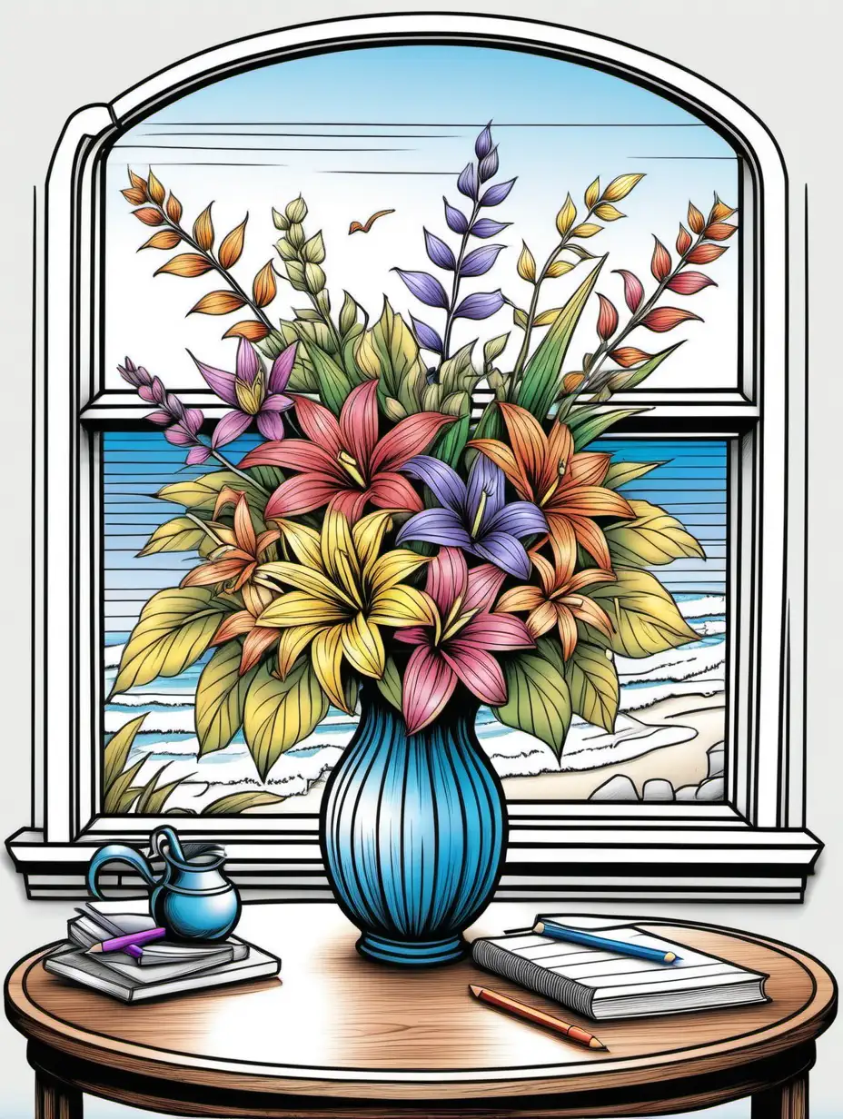 High quality fully-colored pencil illustration:: Floral arrangement on a table in front of a window overlooking a beach:: decorative items on table:: adult coloring book page thin black lines white background, 1 bit line art coloring book, only draw outlines, crisp, thick outlines, use up the entire screen, outline art