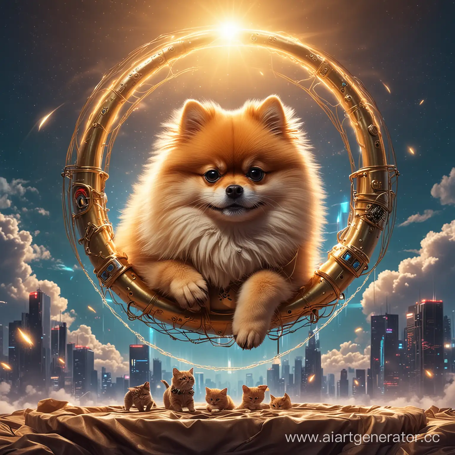 Pomeranian-Spitz-and-Cat-Boxing-Match-in-Cyberpunk-Sky