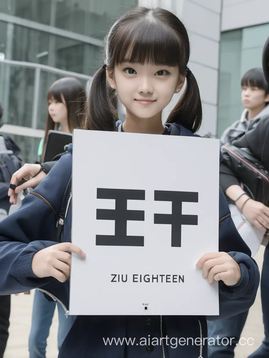 一个女孩手里拿着一个告示牌，上面写着“zhu eighteen”