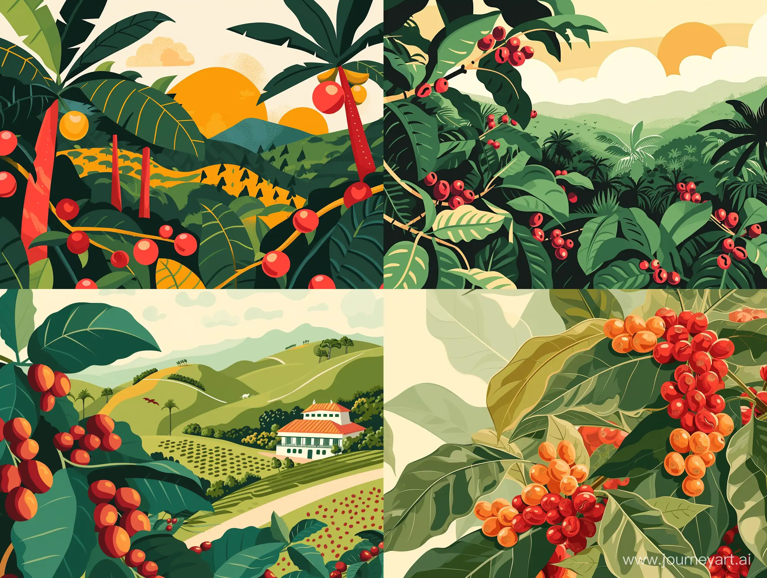 Иллюстрация в стиле современная абстракция зерна кофе, плантации кофе в Бразилии, природа, растения, животные Бразилии