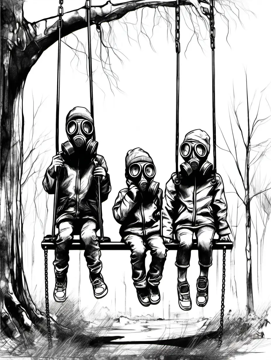 Children with gas mask on the swing in abandoned park sketch
