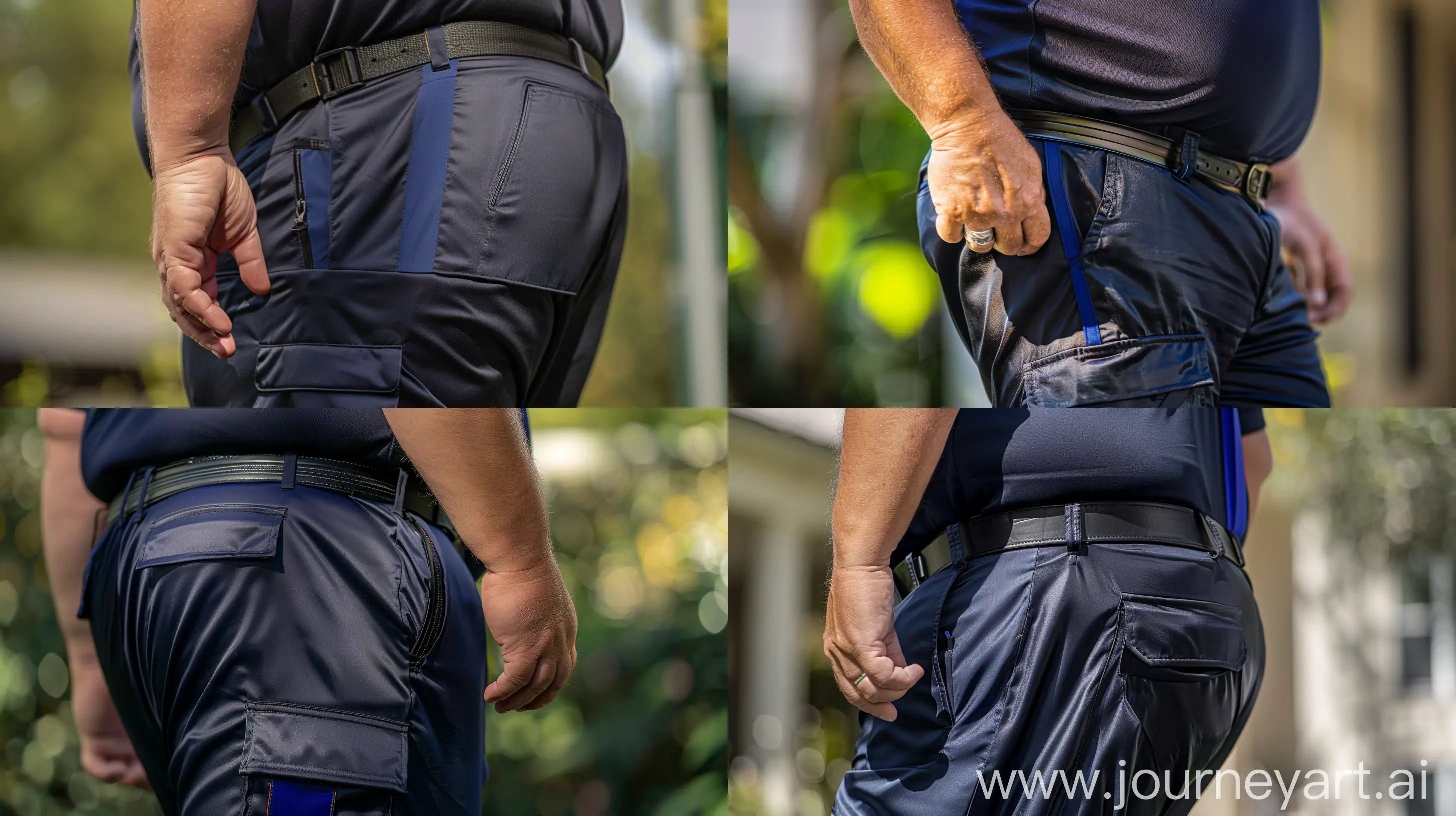 Close-up photo of a fat man aged 60 wearing silk navy blue cargo pants. There is a very thin vertical royal blue strip on side of the leg of the pants. Tucked in silk navy sport polo shirt. Big black tactical belt. Running. Natural light. --ar 16:9