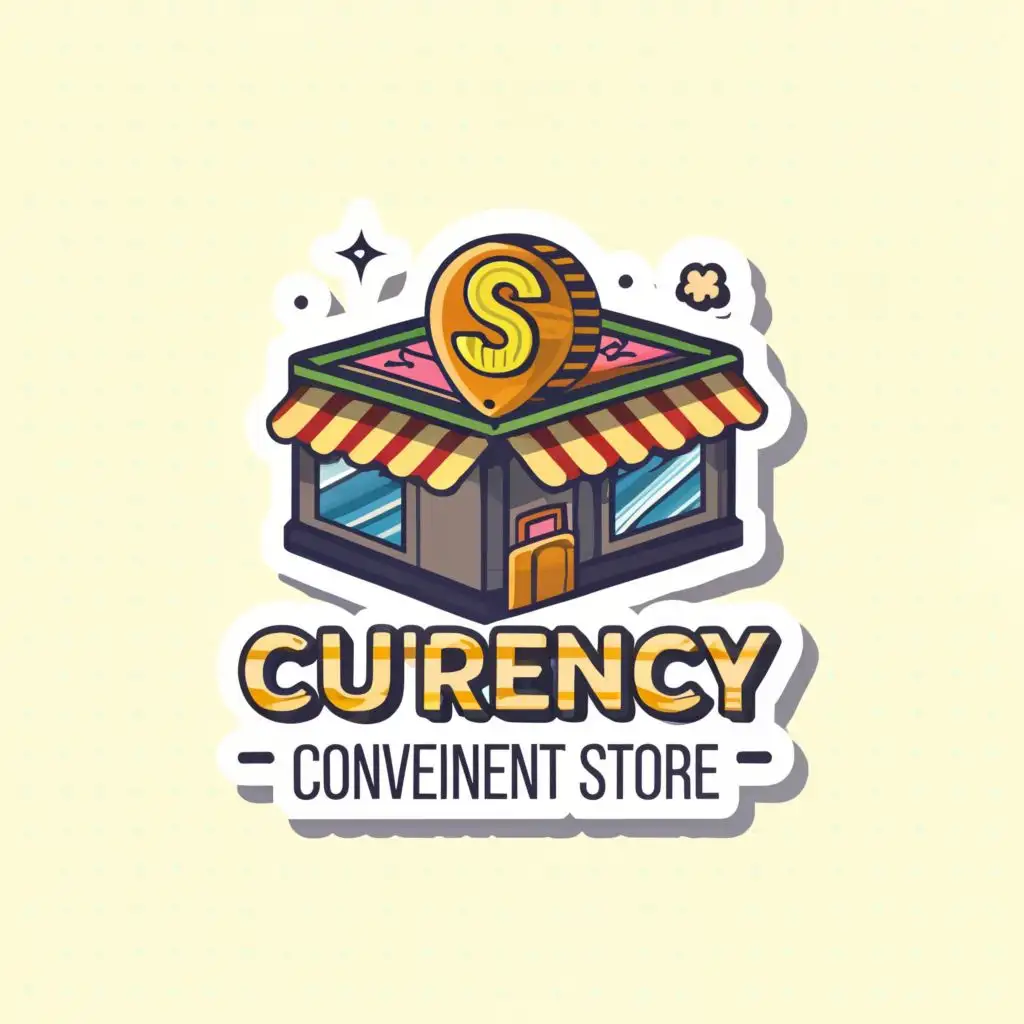 logo, MONEY, with the text "CURRENCY CONVENIENT STORE, Sticker, Adorable, Electric Colors, Chibi, Contour, Vector, White Background, Detailed", typography, be used in Finance industry. "Correct the currency spelling"
