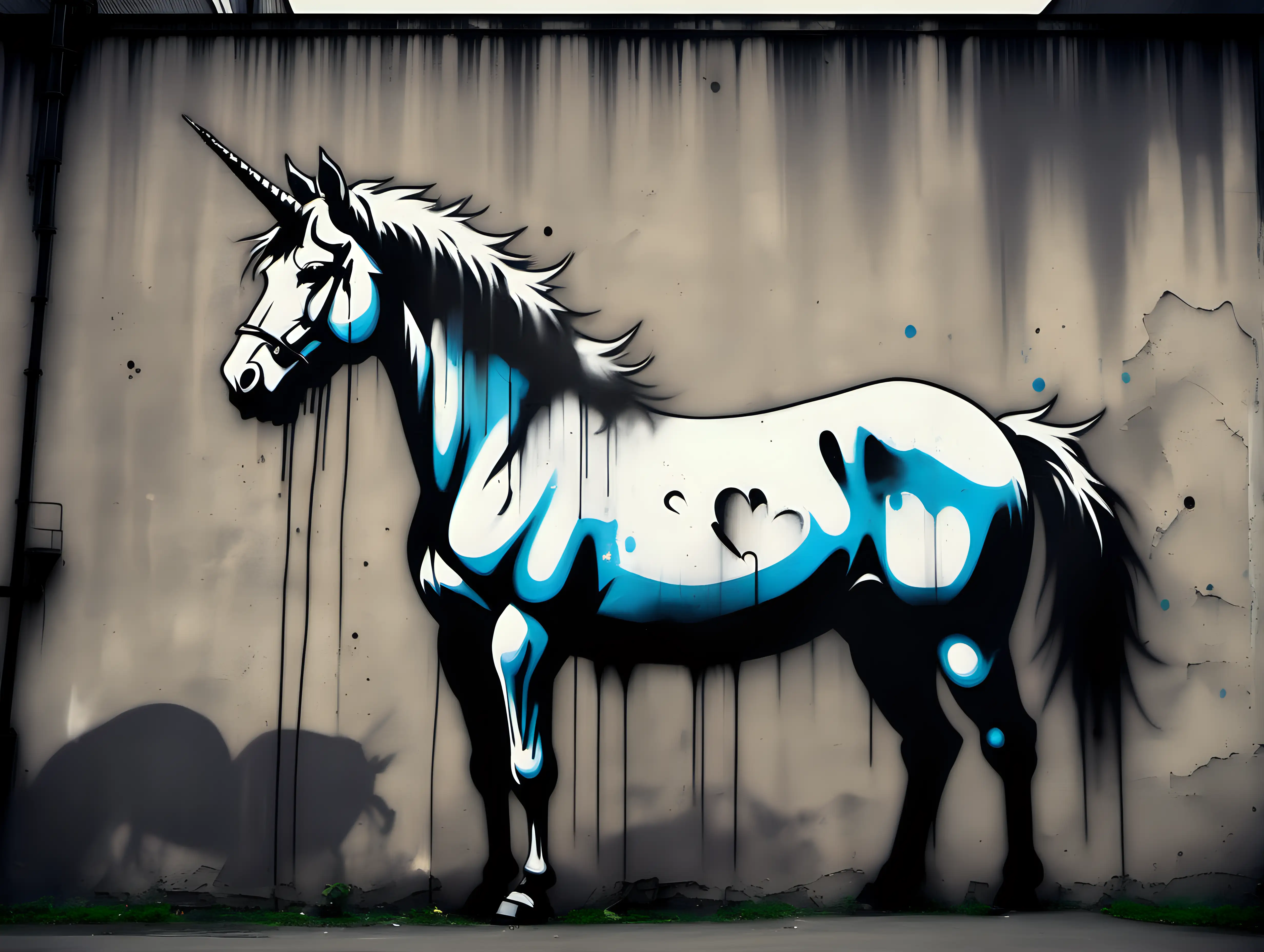 banksy painting on an old dirty wall near a steam factory, wallpainting consists a simple unicorn, toned colors, banksy art banksy signature style