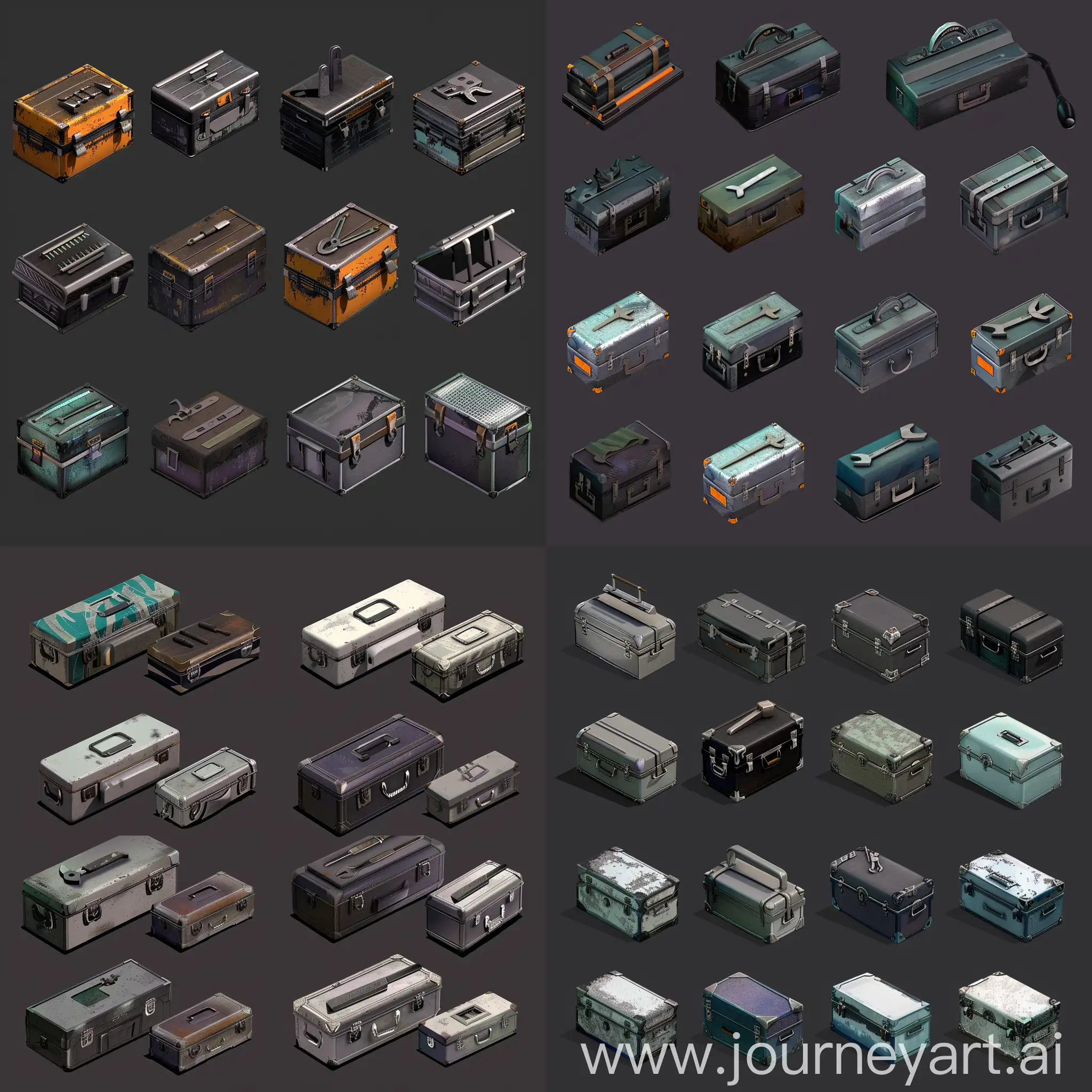 https://i.imgur.com/9T6eIaH.png isometric set of old instrument kit repair tools metal boxes without details in style of unreal engine 5, isometric set, orthographic projection, ultrarealistic style --style raw