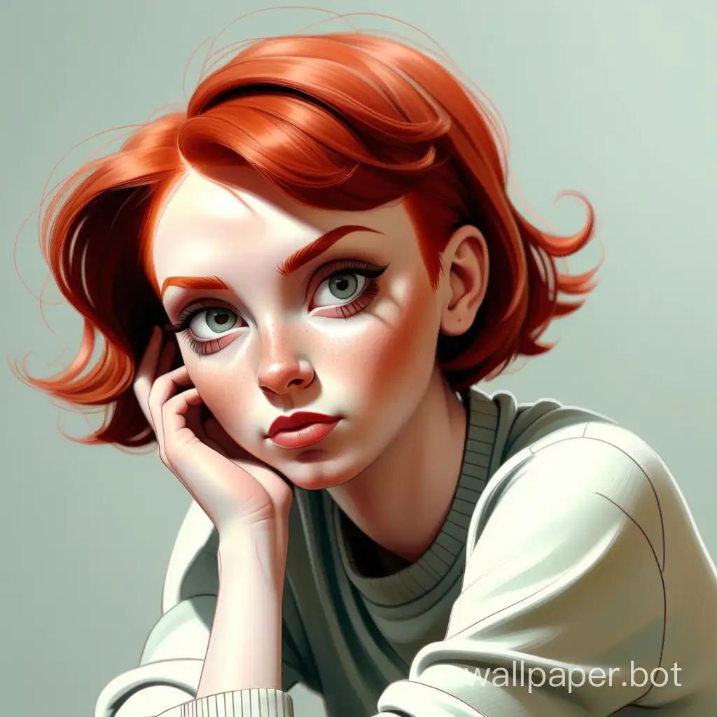 sketch with colored pencils. pop art picture of a girl with very short red hair, clean skin, neat eyelashes, beautiful eyes, natural pose, spring clothing, full height, can sit, natural light, high level of detail, tenderness