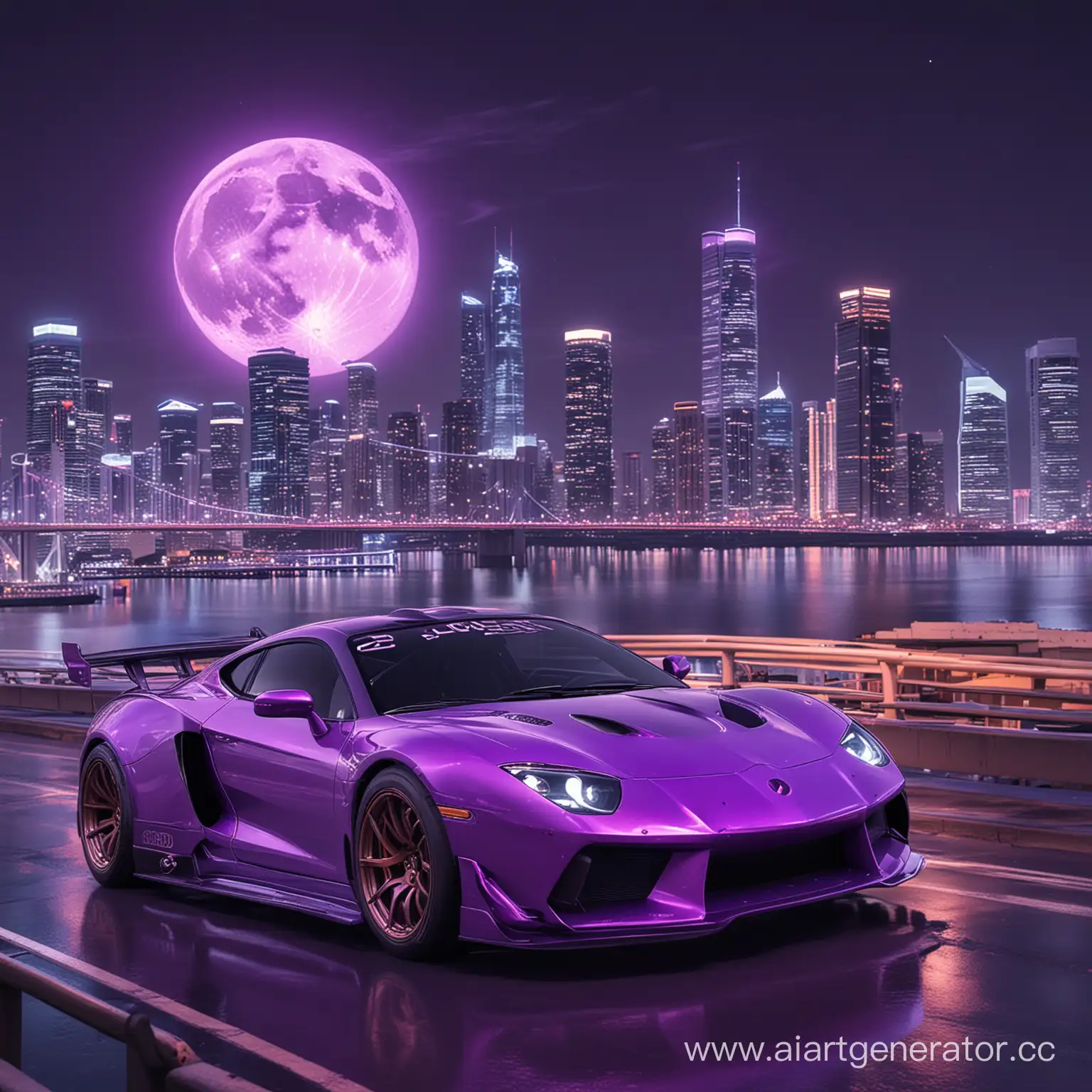 Фиолетовая неоновая гоночная машина дрифтит на мосту на фоне неонового города и луны