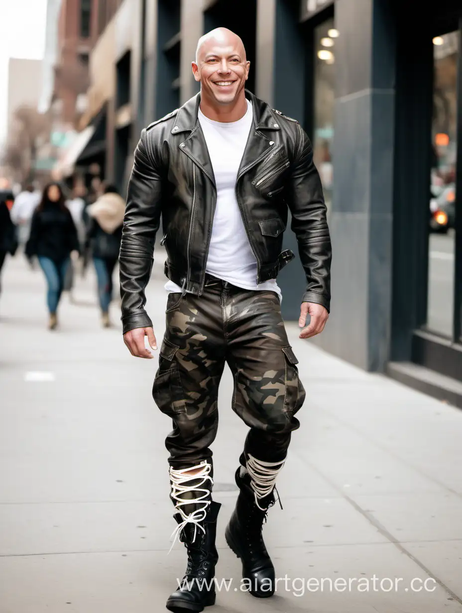 A bald, muscular man in a leather jacket, camouflage pants, and combat boots with white laces walks down the street, smiling.