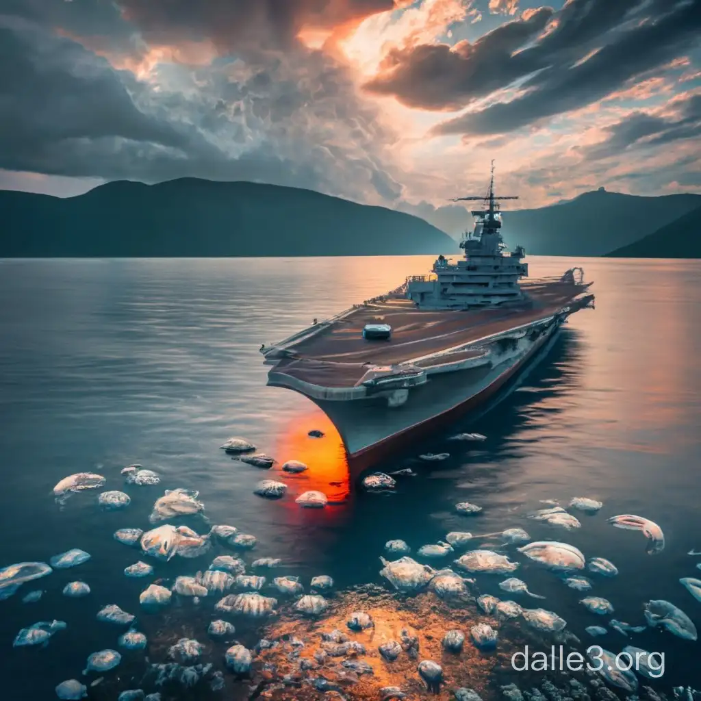 
Soviet aircraft carrier Novorossiysk with jelly fish  swimming on the sea, stormy sea vibes ,with lightning, real life water
