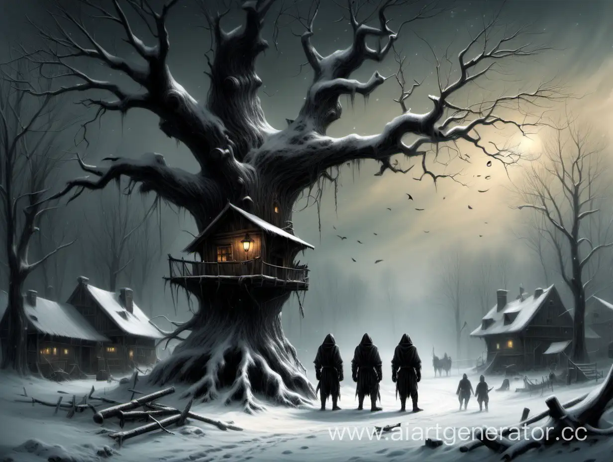 Dark-Fantasy-Winter-Scene-TreeTied-Robbers-at-a-Tavern