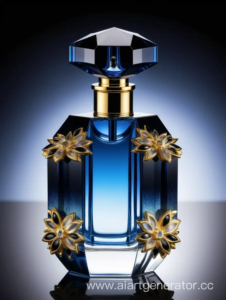 Elegantly-Crafted-Crystal-Clear-Perfume-Bottle-in-Blue-Black-and-Gold