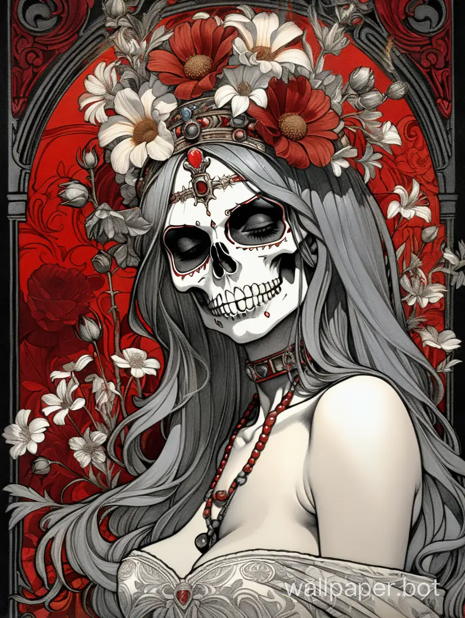 sexy gorgeous odalisque, masterpiece skull face, skull time crown, closed eyes, assimetrical, alphonse mucha poster, explosive wild flowers dripping paint, comic book, high textured paper, hiperdetailed lineart , dark water , red, black, gray, burned borders