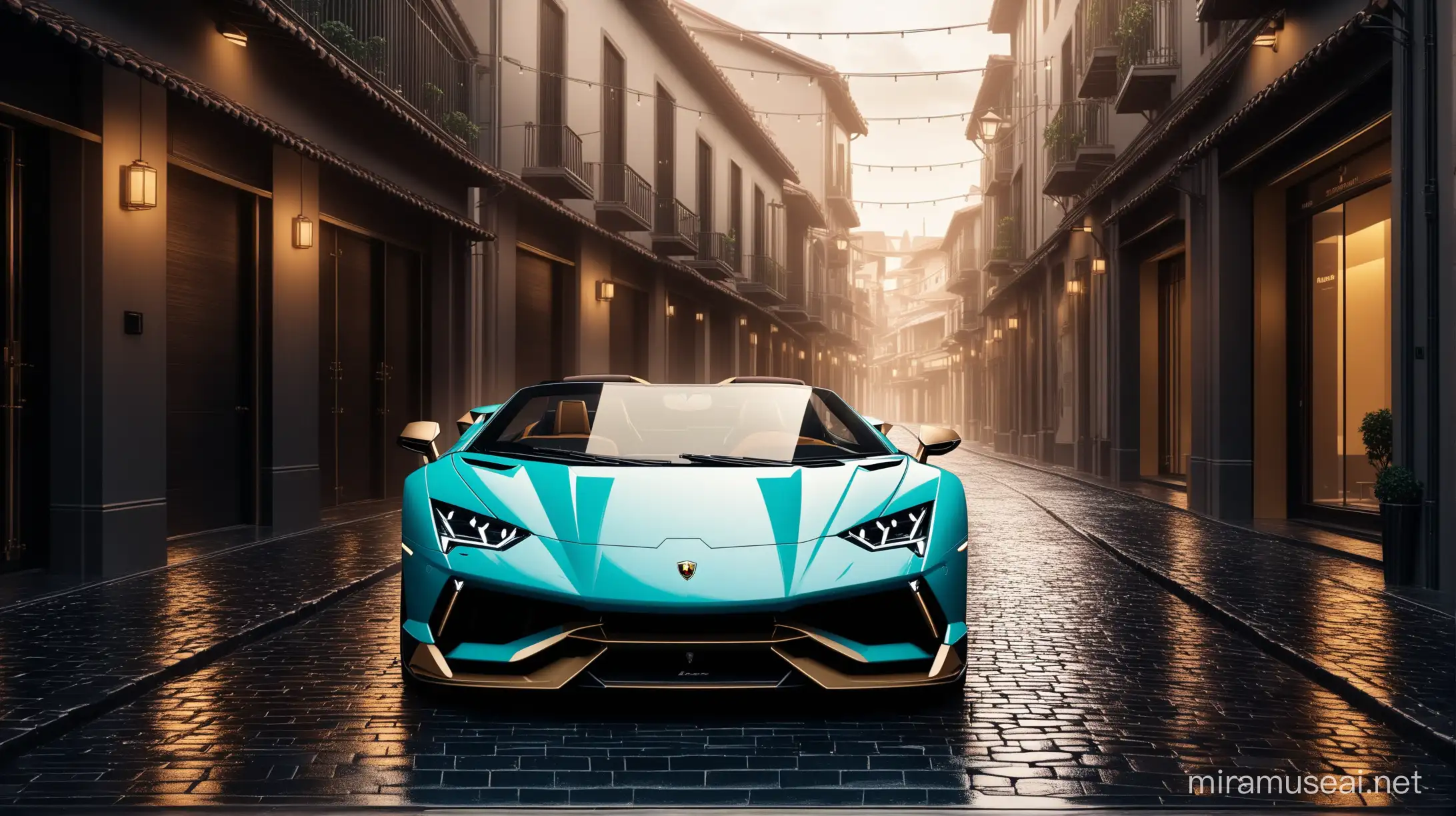 A stunning 4K cinematic photograph of a Lamborghini Sian Roadster in a luxury alleyway, featuring yellow lines. The exclusive vehicle is parked in front of upscale stores, one of which displays a round,  "Be Real Bienes Raices" sign. The cobblestone pavement is wet from rain, capturing the essence of an upscale neighborhood. The high-contrast image boasts a 3D render quality ambiance.  cinematic poster., 