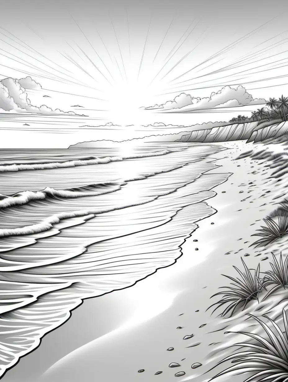 Create a  realistic thin lined image suitable for a coloring book, just lines no shading or any block color a realistic tranquil beach at sunrise.

