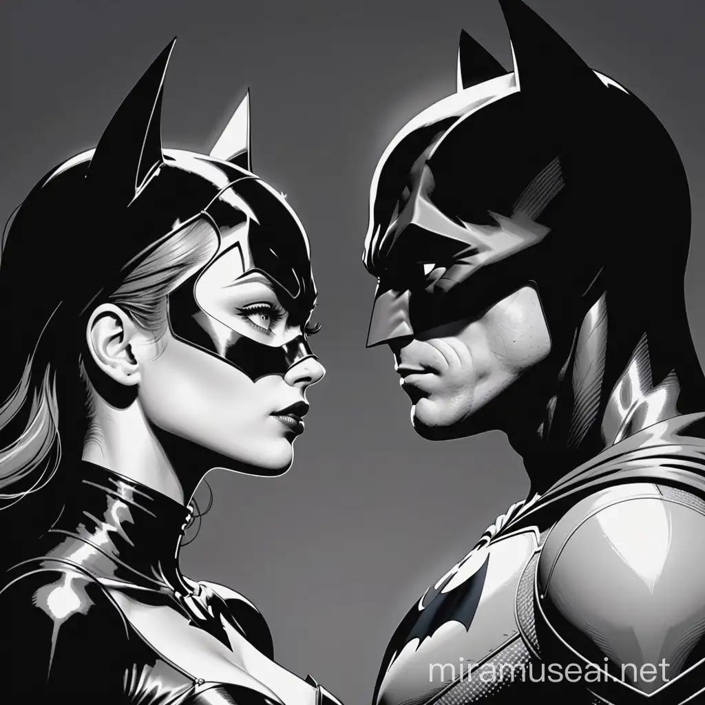 immagine vettoriale in bianco e nero stile fumetto di batman e catwoman di profilo che si guardano