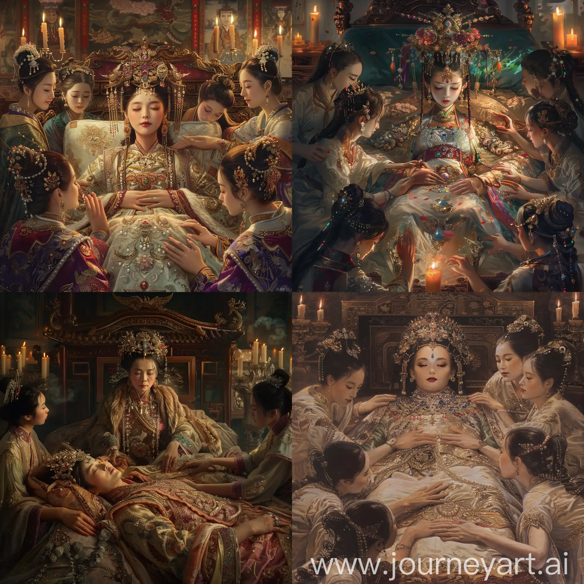 Opulent-Chinese-Empress-Reclining-Surrounded-by-Adorning-Maids