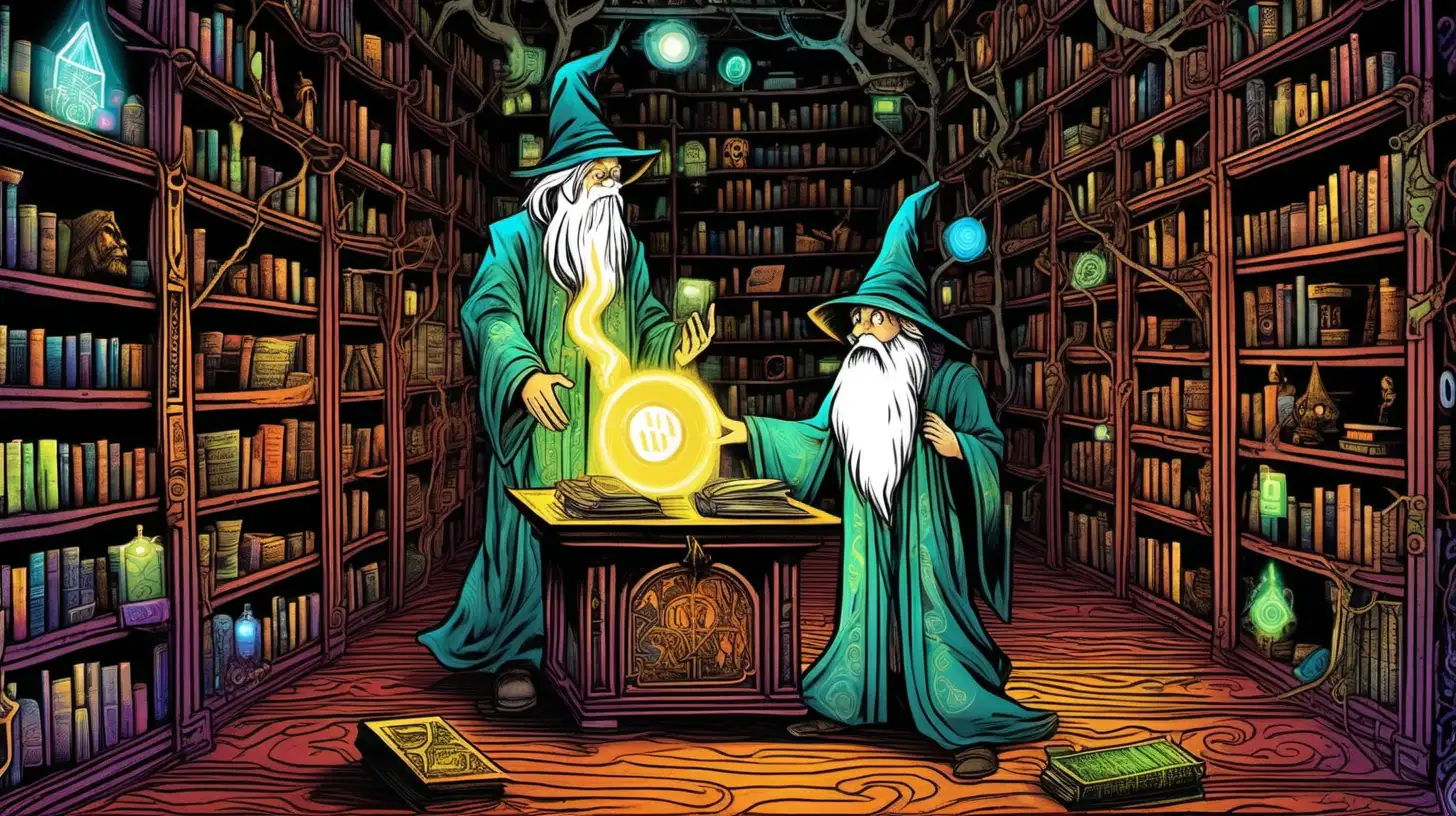 a young  apprentice hands a glowing digital data box that emits strange symbols to an old wizard with long white beard. they are in a mysterious arcane library with large and lush old trees, computer workstations, shelves with CD-ROM's and other storage media but without any books, 
