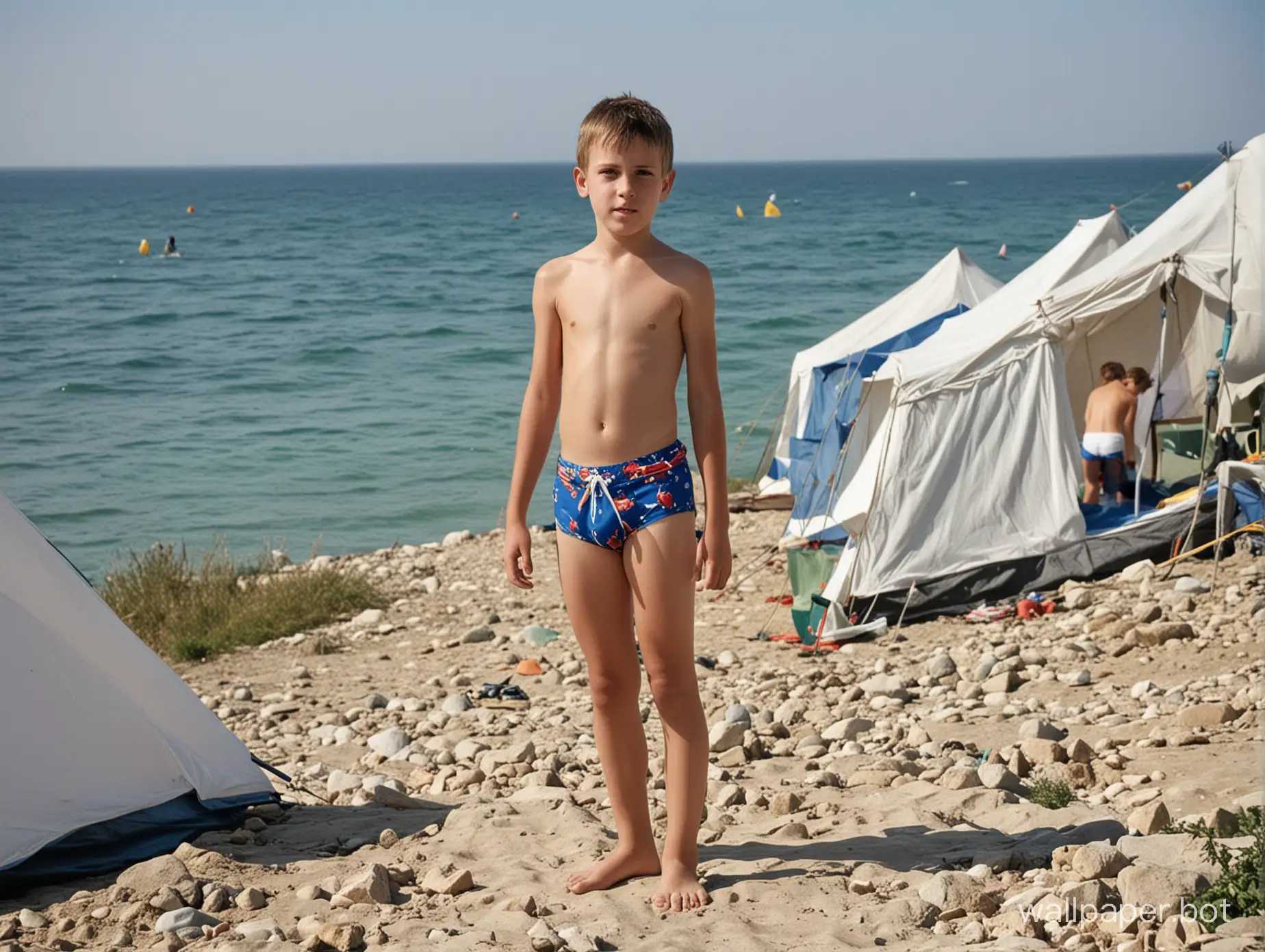 Crimea, tent, sea in the distance, tents in the distance, a 13-year-old boy in swimming trunks, waist image, coquetry, people