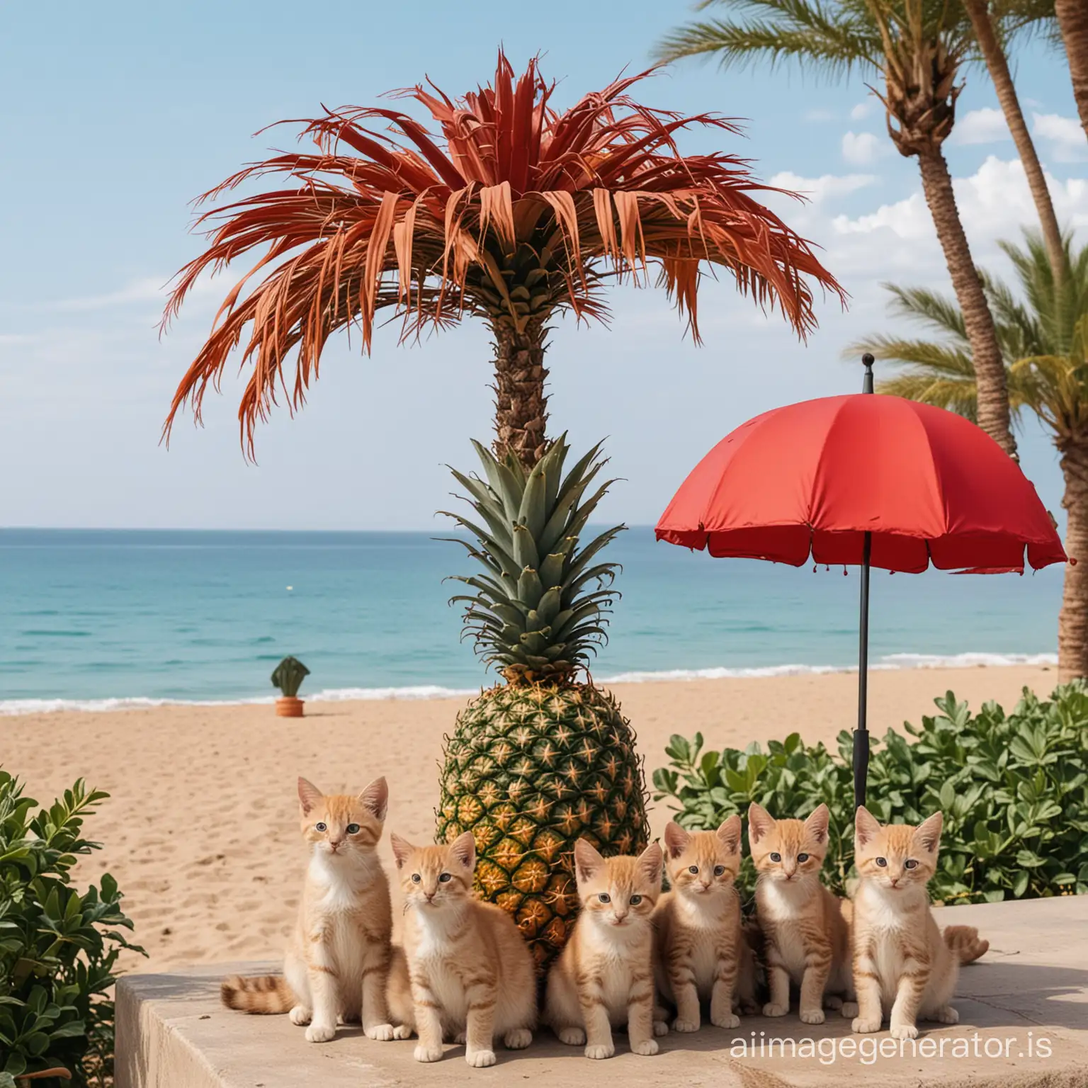 Iron pineapple against the backdrop of the red sea with a crowd of little kittens with umbrellas
