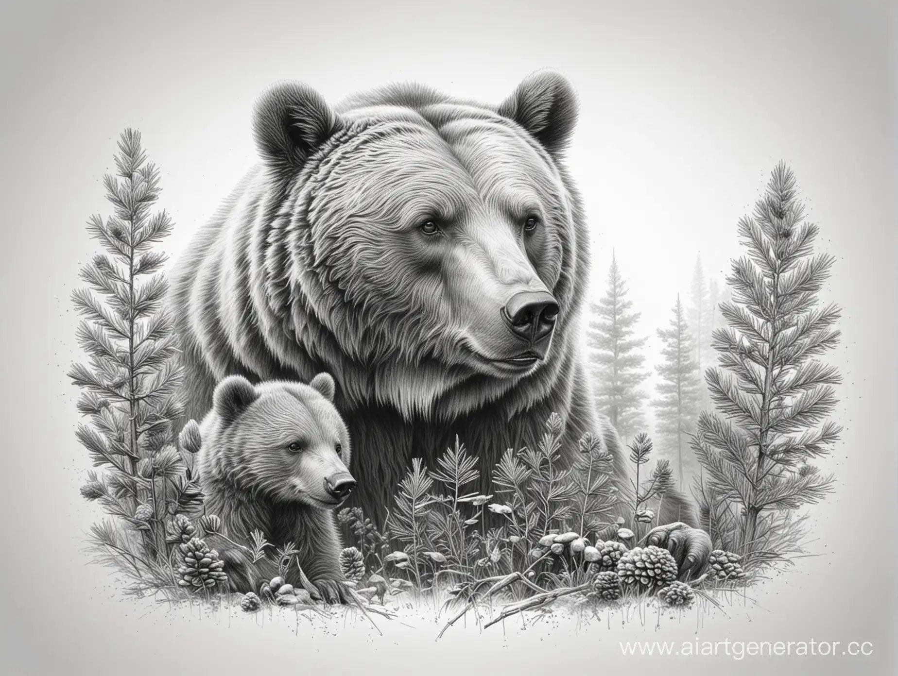 Realistic-Pencil-Drawing-of-Bear-and-Cub-in-Natural-Setting